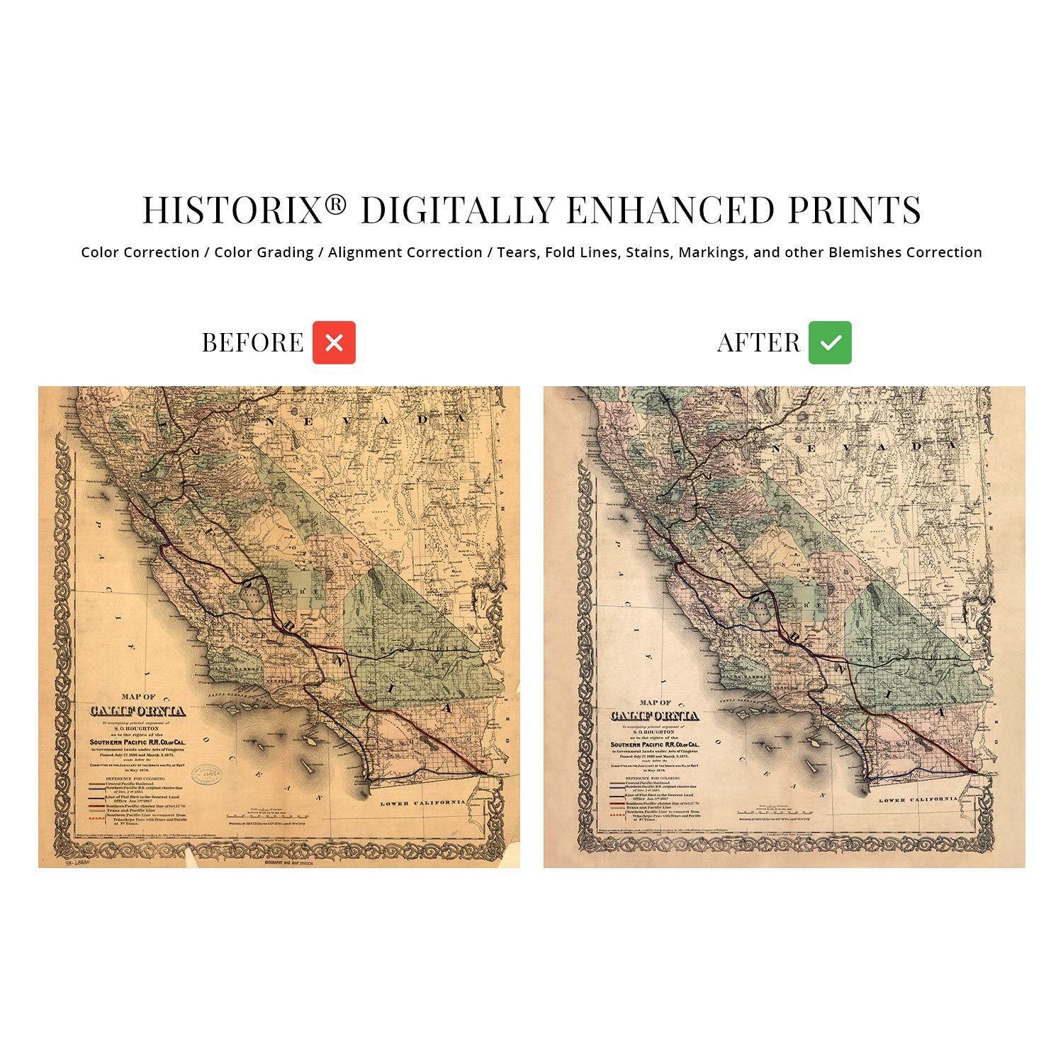 Historix Vintage 1876 Map Of California - 24X36 Inch Vintage Map Wall Art - Map Of California Poster - Southern Pacific Railroad