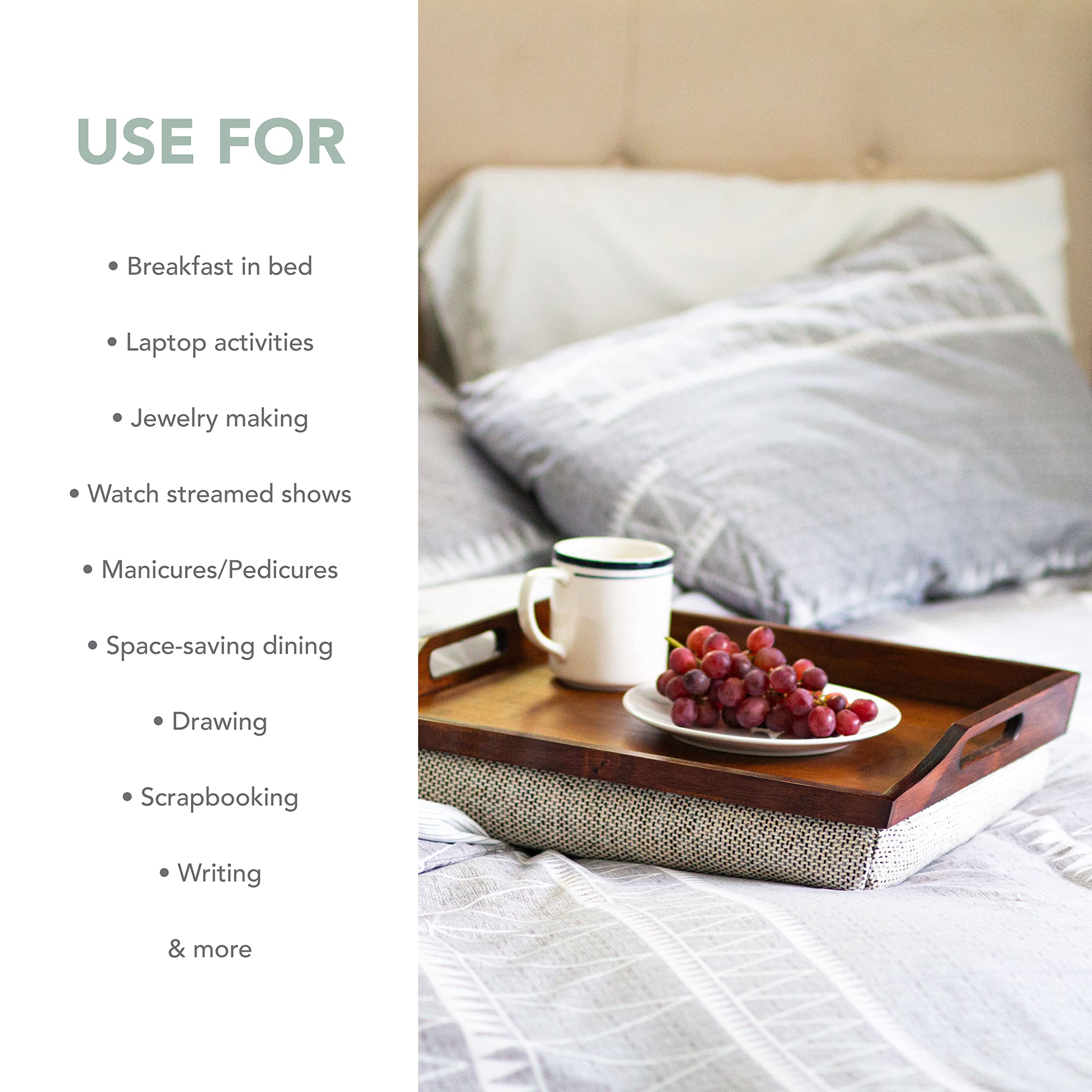 Rossie Home Bamboo Bed Tray Lap Desk With Detachable Cushion, Serving Tray - Java - Fits Up To 15.6 Inch Laptops - Style No. 761