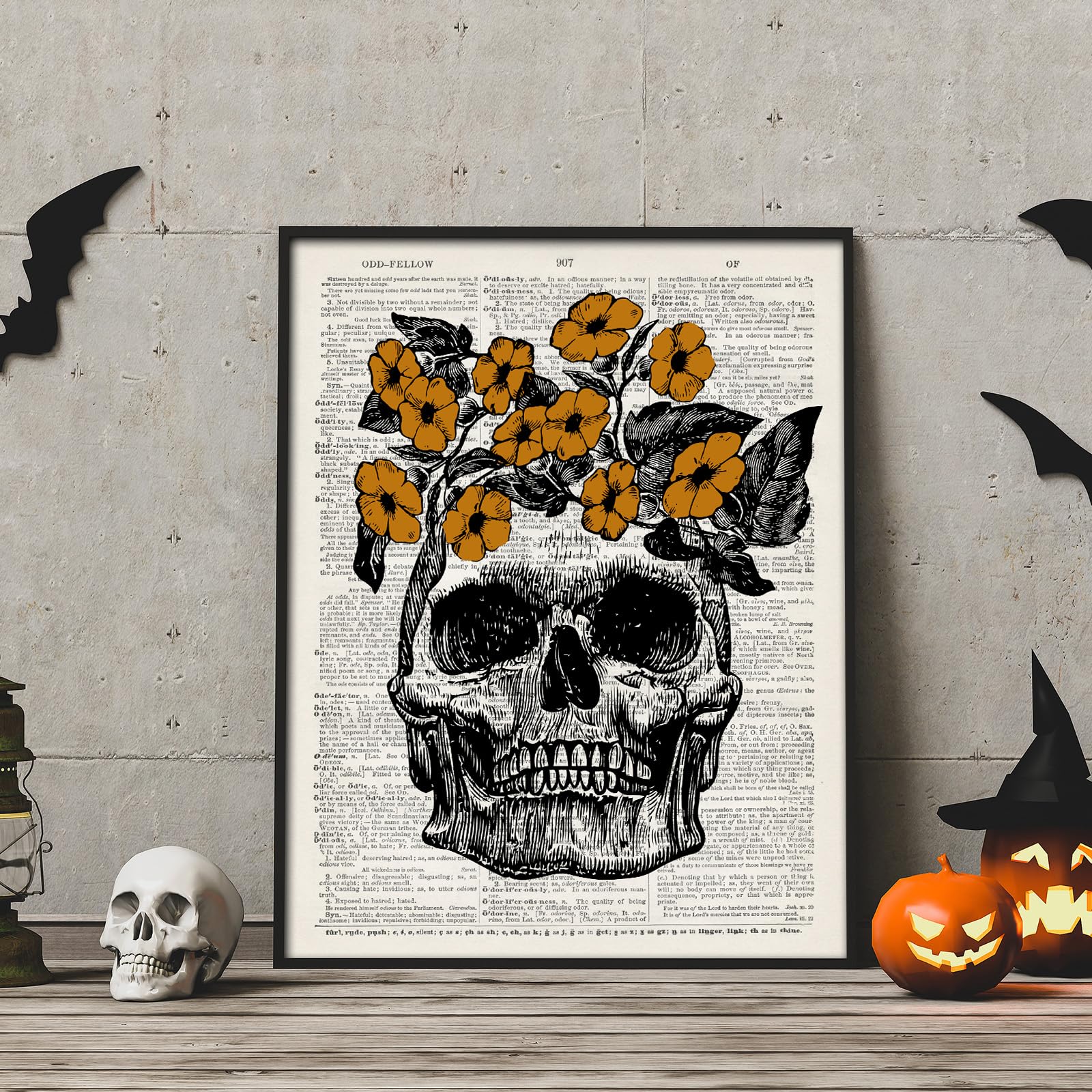 Whaline 6Pcs Halloween Skeleton Wall Art Prints 11 X 14 Inch Spooky Gothic Wall Art Poster Bat Witch Halloween Vintage Wall Deco