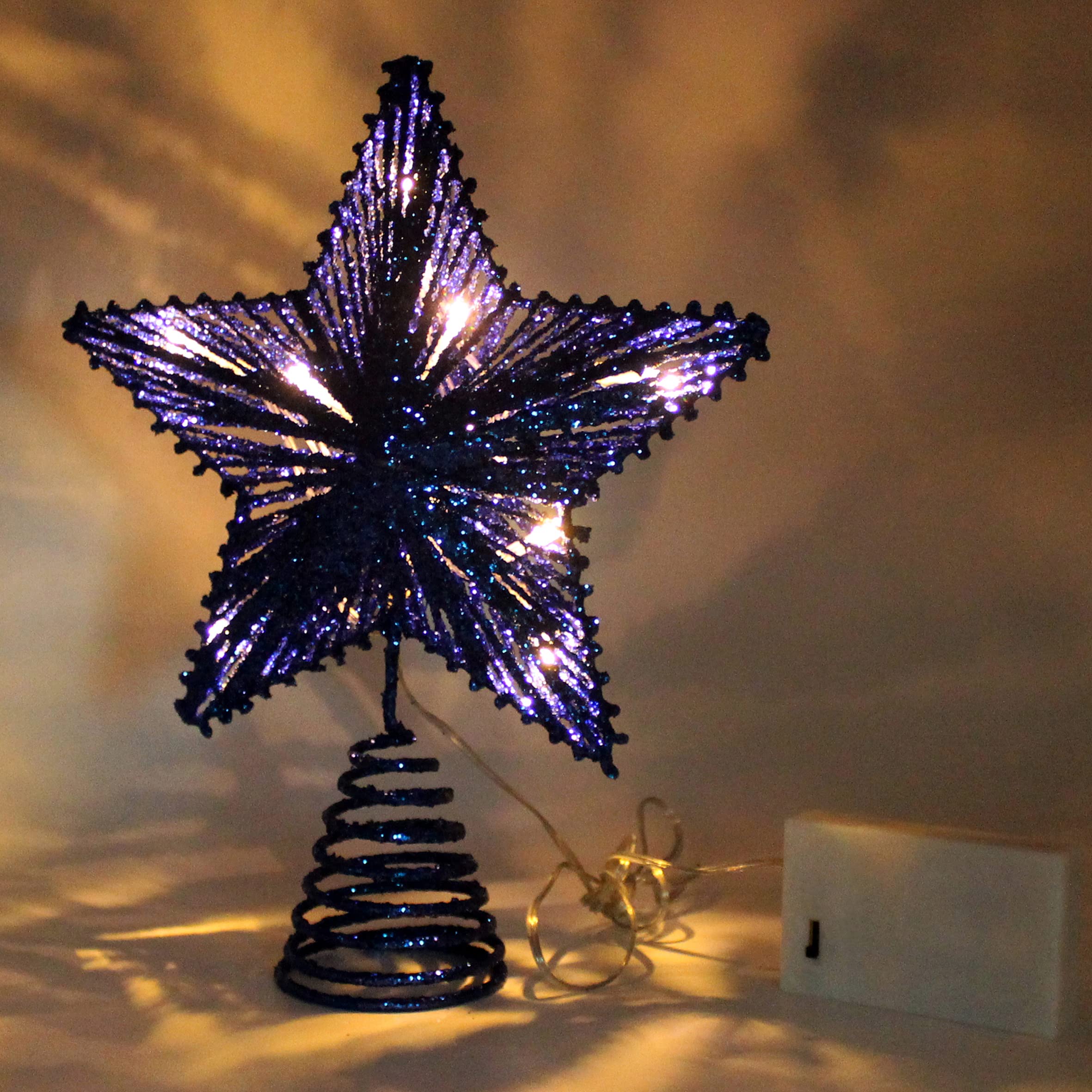 CVHOMEDECO. Blue Glittered 3D Tree Top Star with Warm White LED Lights and Timer for Christmas Ornaments and Holiday Seasonal D