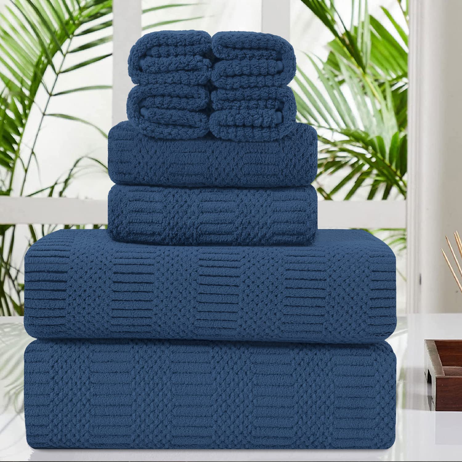 8 Piece Oversized Navy Bath Towel Set-2 Extra Large Bath Towel Sheets,2 Hand Towels,4 Washcloths-600Gsm Soft Highly Absorbent Qu