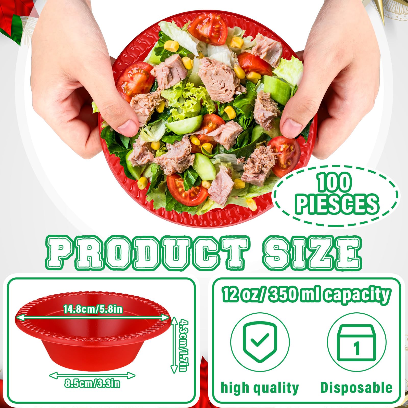 Layhit 100 Pcs Valentines Day Christmas Disposable Plastic Bowls 12 oz Soup Dessert Salad Bowl Candy Snack Plate Serving Suppli