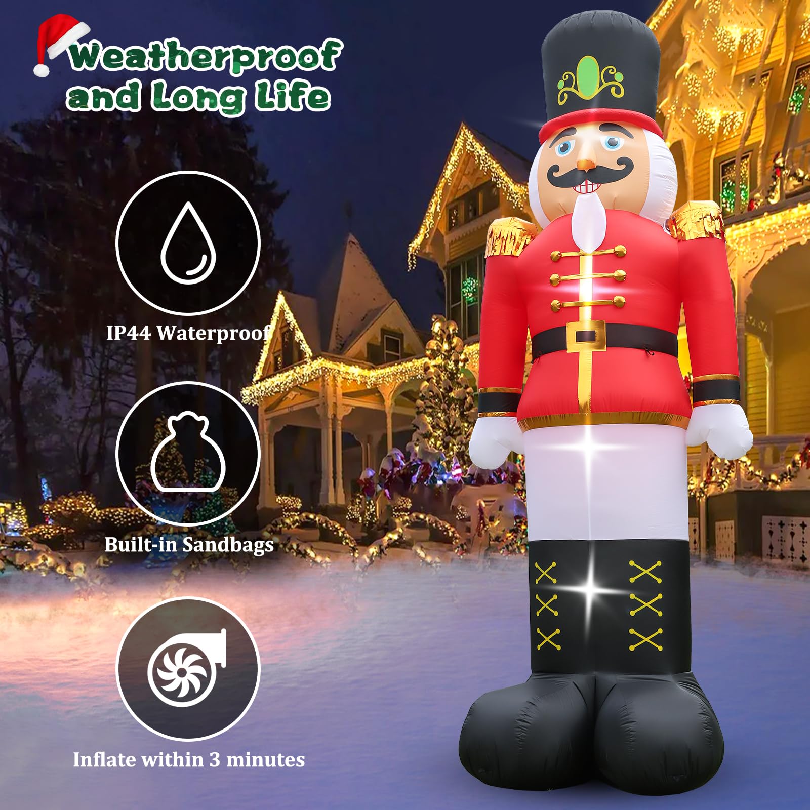 FunFanso 12FT Inflatable Nutcracker Soldier Decoration with LED Light - Multi-color Outdoor Yard Decor for Christmas Party