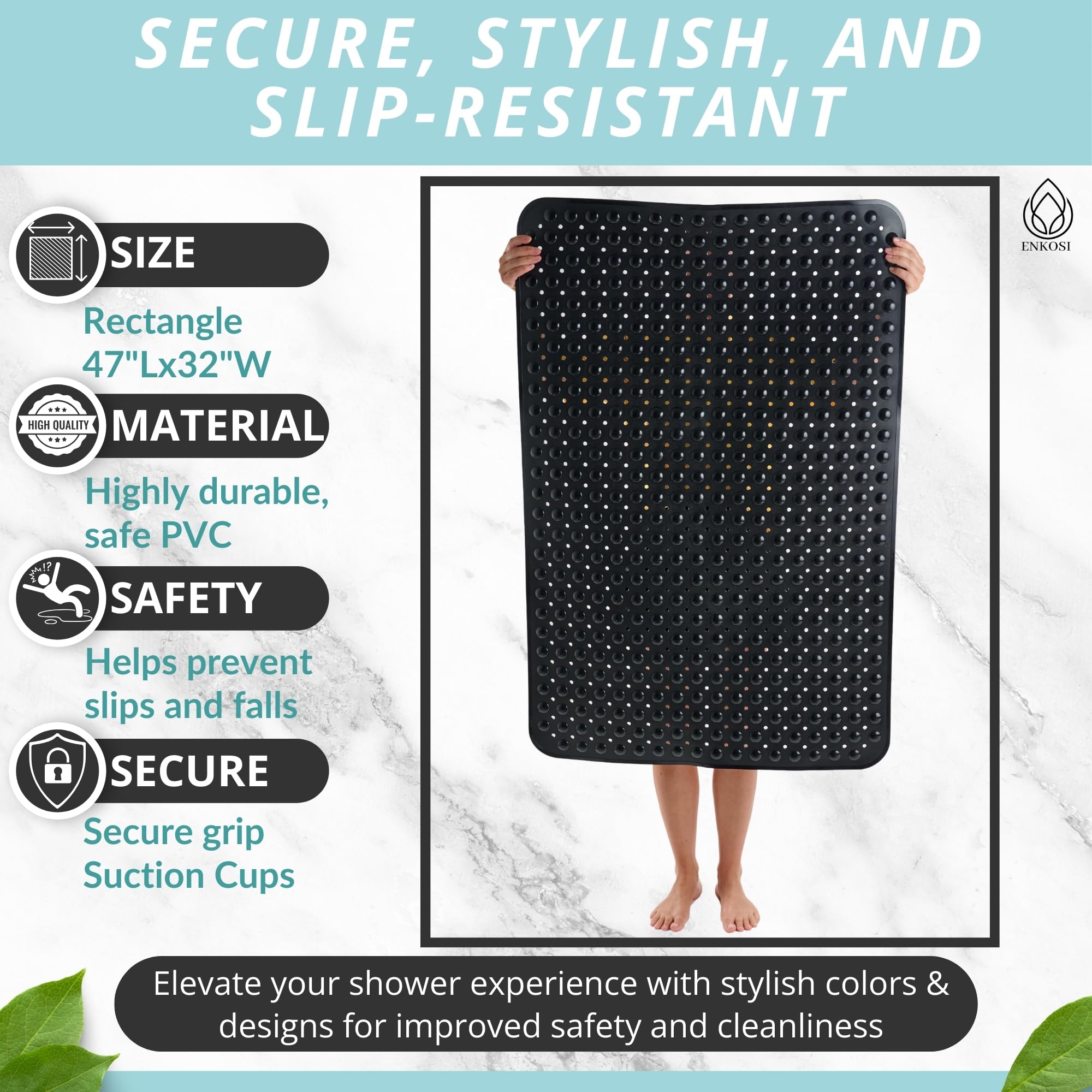 Enkosi Extra Large Shower Mat Non Slip - 47 X 32 Inch - Xl Bathroom Shower Mat - Large Shower Matts For Shower Stall Floors - Se