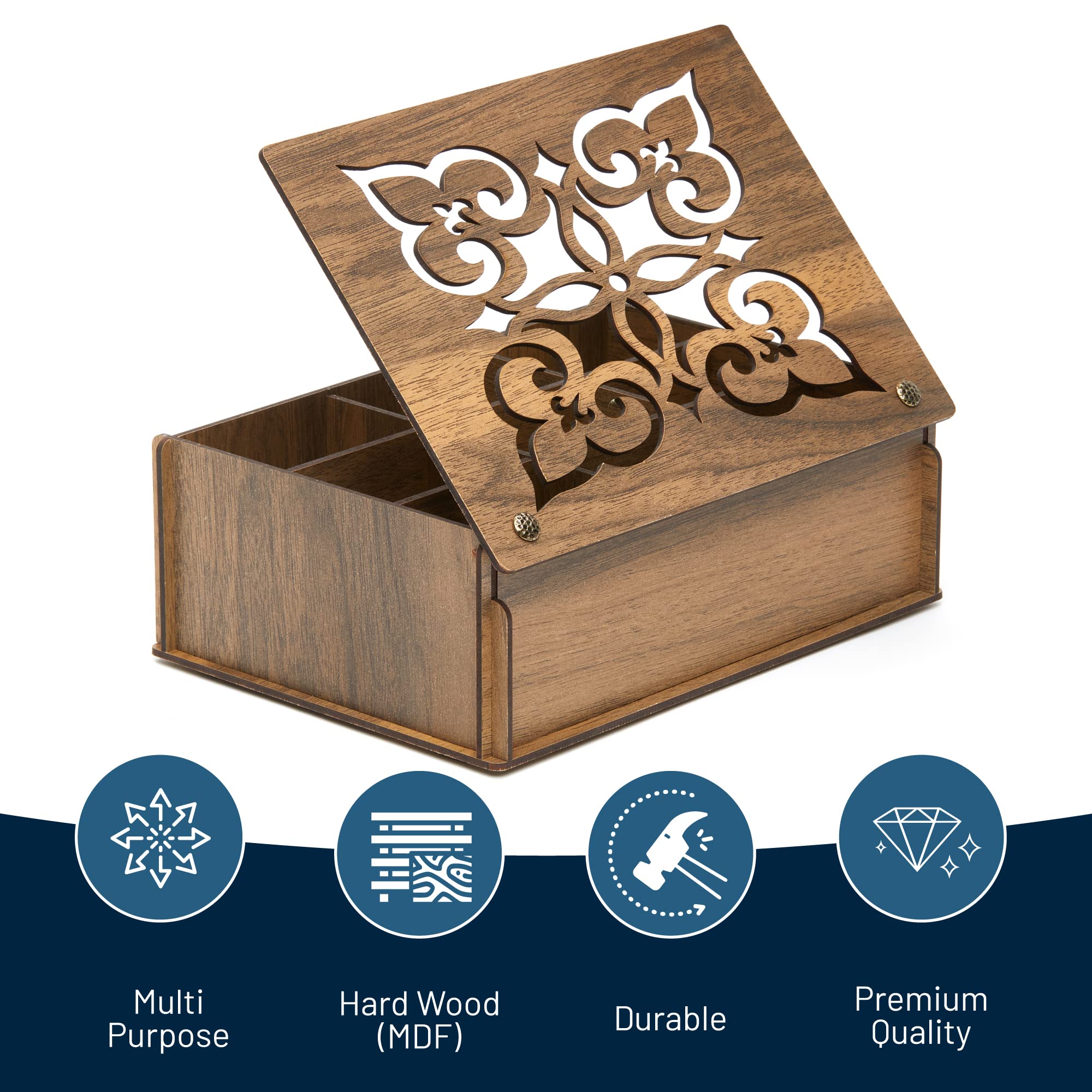 RoyalHouse Premium Wood (Hard MDF) Tea Storage Box Organizer (Walnut)  Eco-Friendly Multi-Functional Decorative Box  9 Compartments For Assorted Variety Of Tea Bags and Small Items