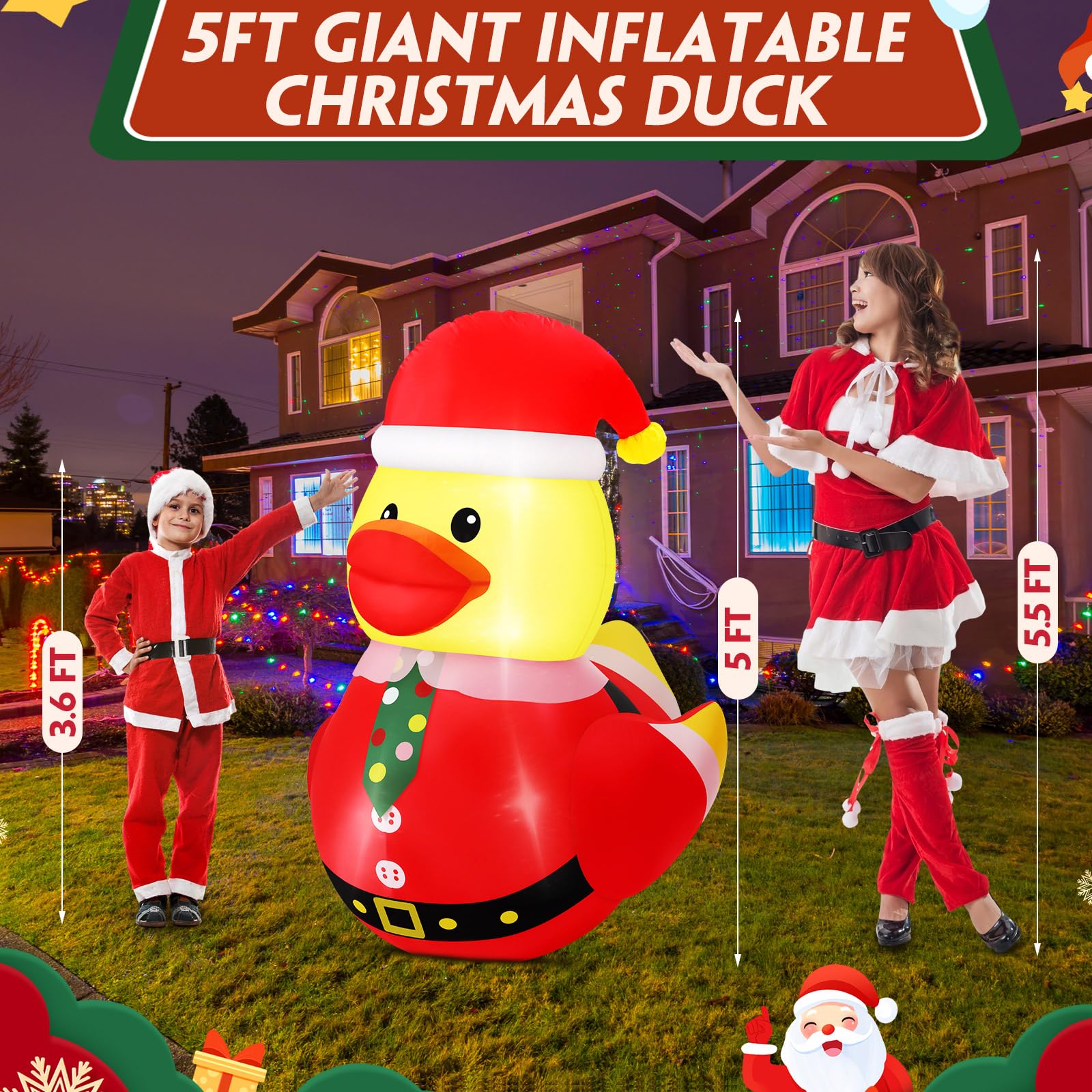 Leyndo 1 Set 5FT Christmas Inflatables Decoration Outdoor Inflatables Duck with Build-in LEDs Lights Giant Blow Up Duck Wear Chr