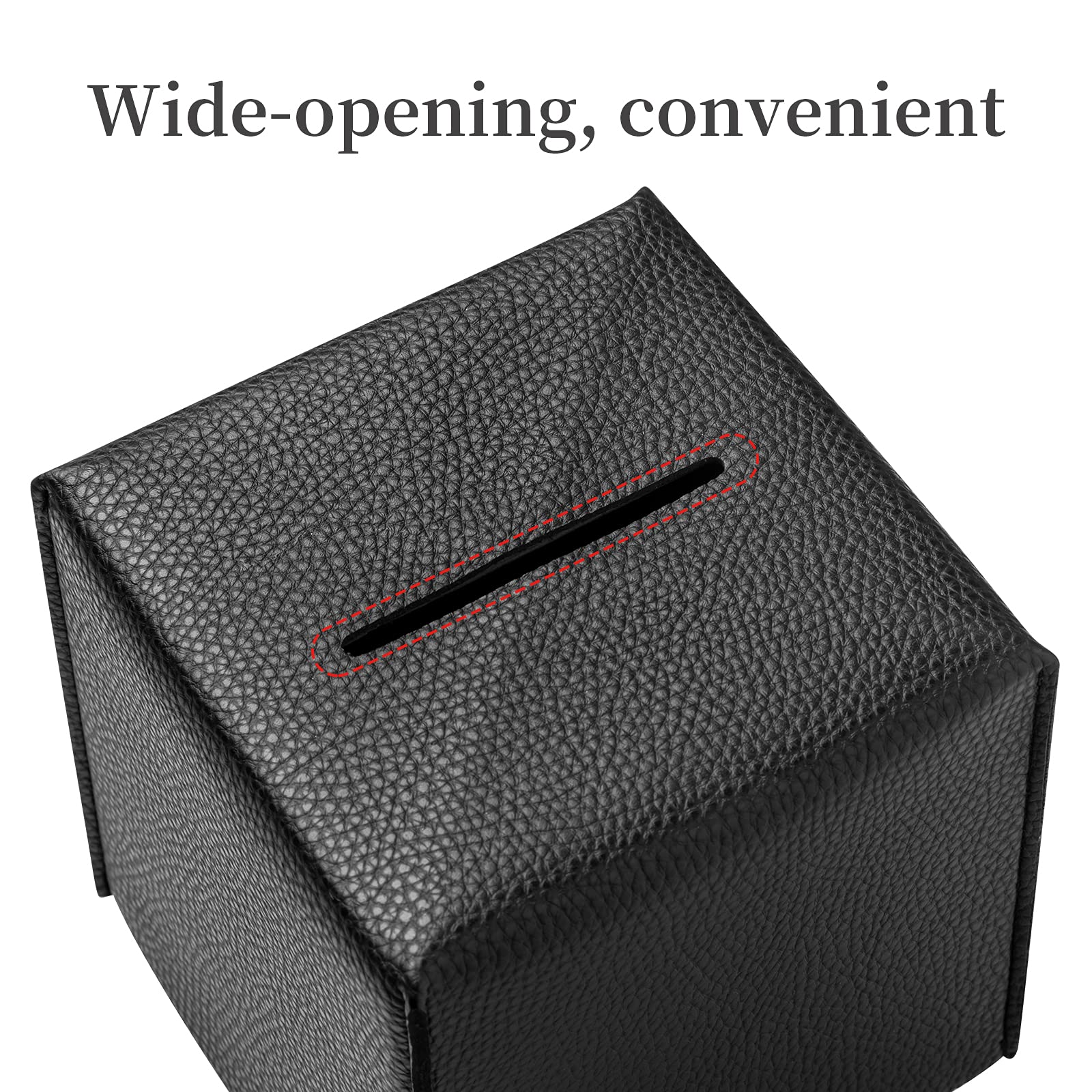 REGELETO Square Tissue Box Cover  Pu Leather Tissue Box Holder with Bottom Belt Modern Stylish Tissue Box Organizer for Bathroom  Bedroom  Hotel  Office Desk 5''X5''X5'' (Black)