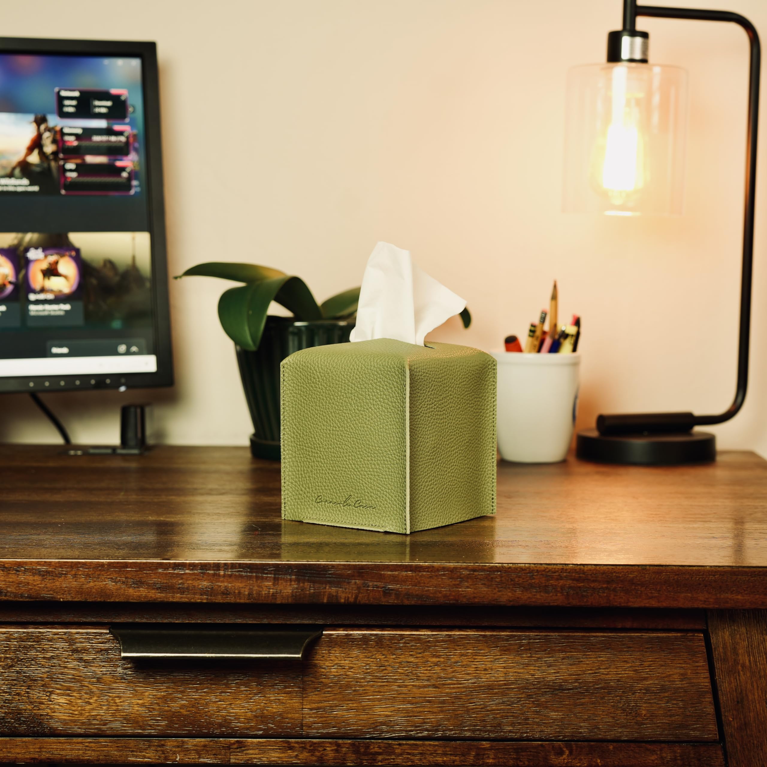 Connsole Casa Premium Pu Leather Tissue Box Holder - Elegant Hotel-Style Green Tissue Box Cover For Enhanced D  Cor Of Home, Off