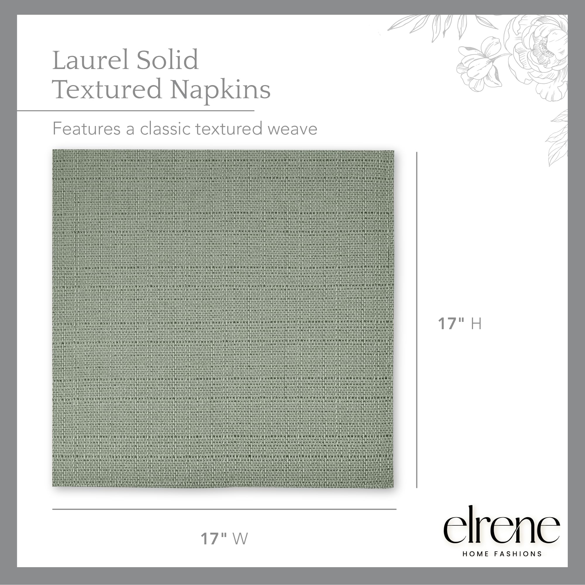 Elrene Home Fashions Laurel Solid Texture Water And Stain Resistant Fabric Dining Napkins, Set Of 4, 17''X17'', Sage