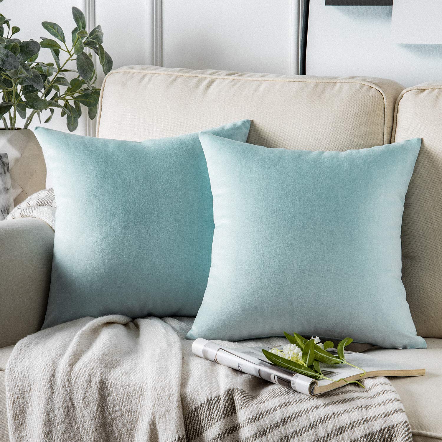 Phantoscope Pack Of 2 Velvet Decorative Throw Pillow Covers Soft Solid Square Cushion Case For Couch Light Blue 24 X 24 Inches 6