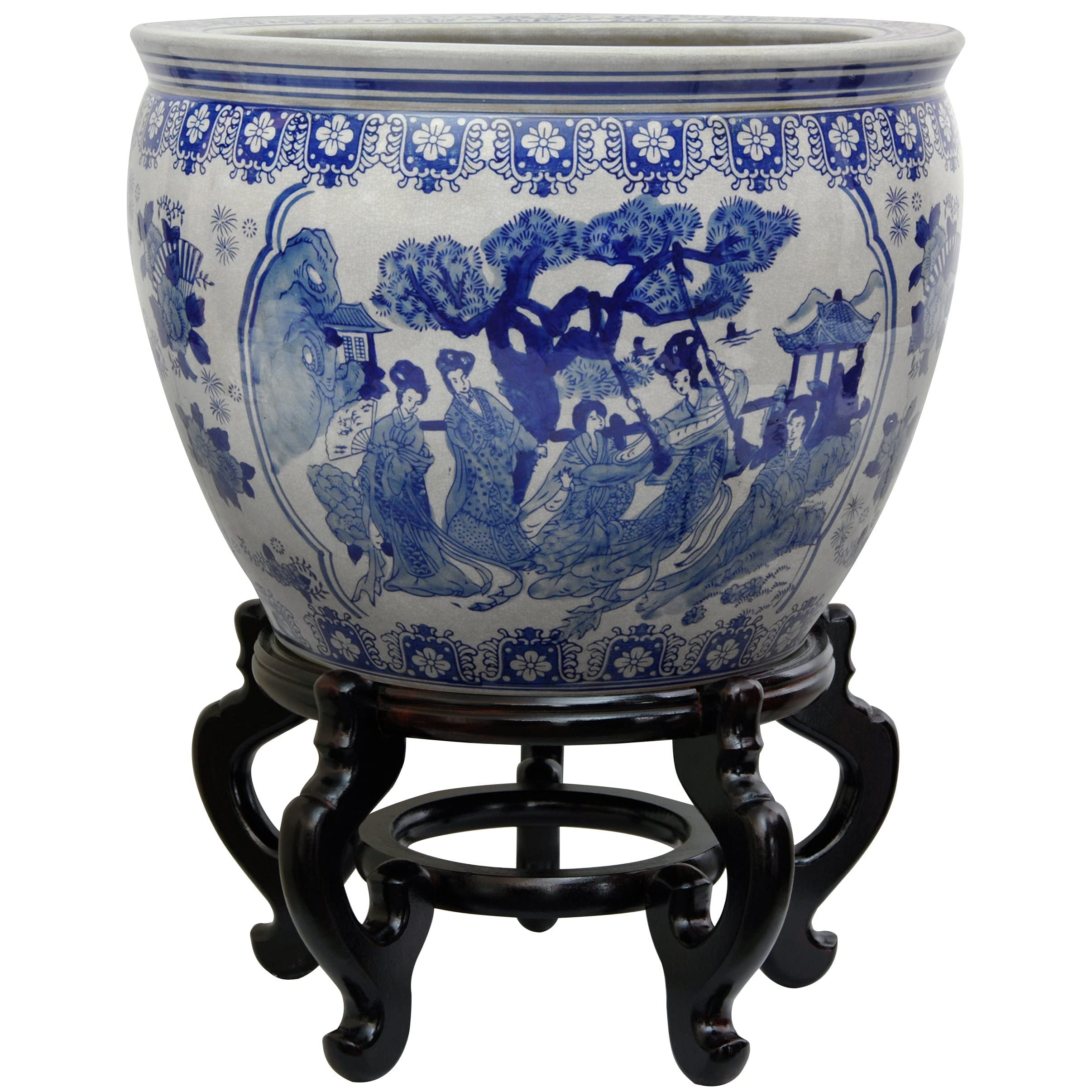 Oriental Furniture 12 Ladies Blue & White Porcelain Fishbowl