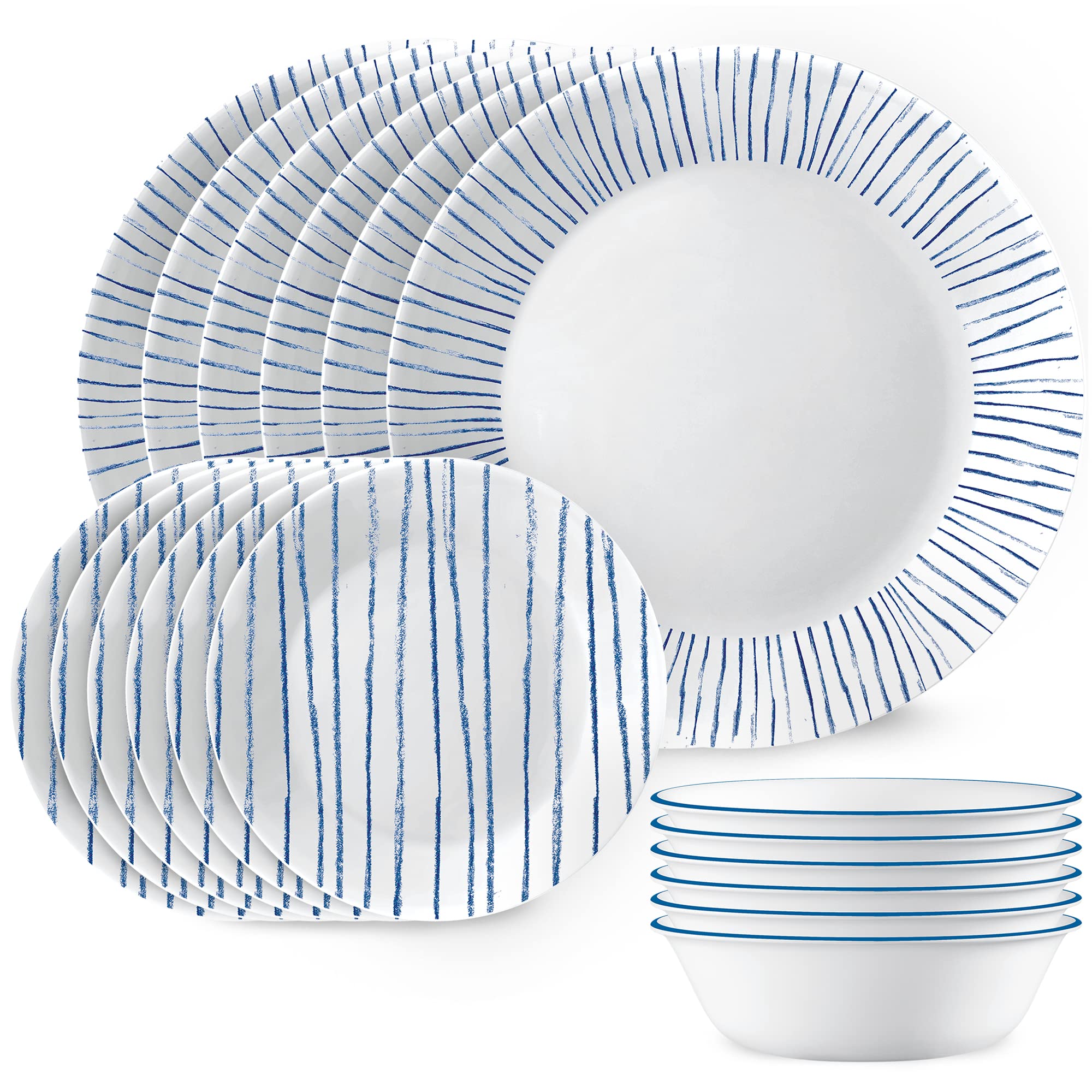 Corelle 18-Piece Dinnerware Set, Service for 6, Lightweight Round Plates and Bowls Set, Vitrelle Triple Layer Glass, Chip Resist