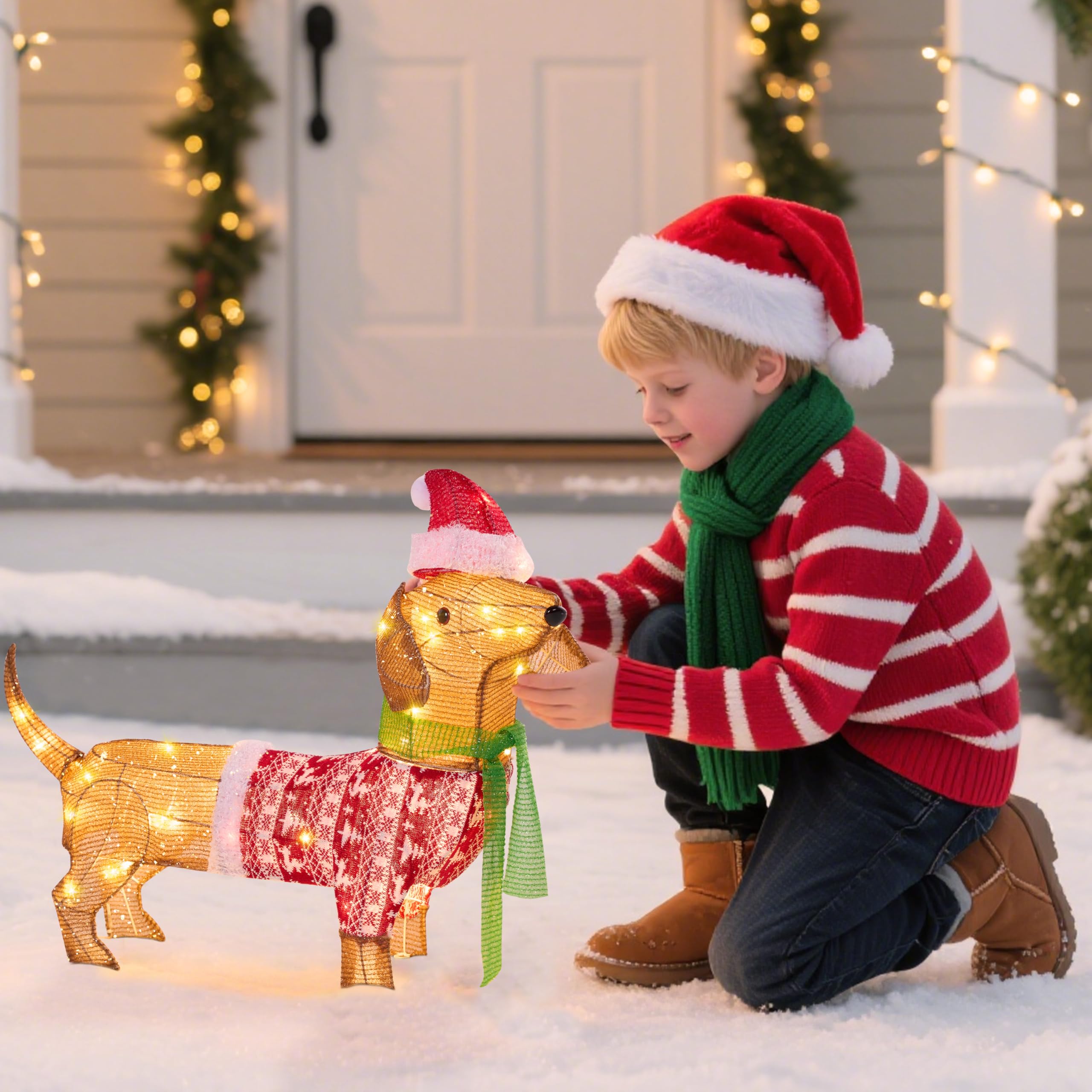 JOYIN Lighted Wiener Dog Christmas Decorations Outdoor, 40 LEDs Warm White Tinsel Dachshund Lights for Christmas Yard Decor, Lig