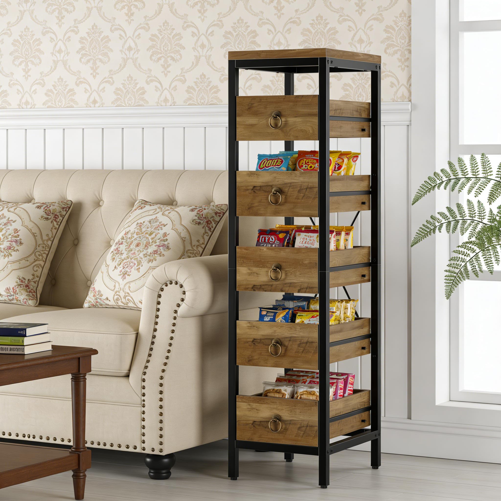 Kitchen Fruit Vegetable Storage Rack, 5-Tier Narrow Snack Fruit Display Stand with 5 Pull-Out Drawers Basket, Utility Organizer 