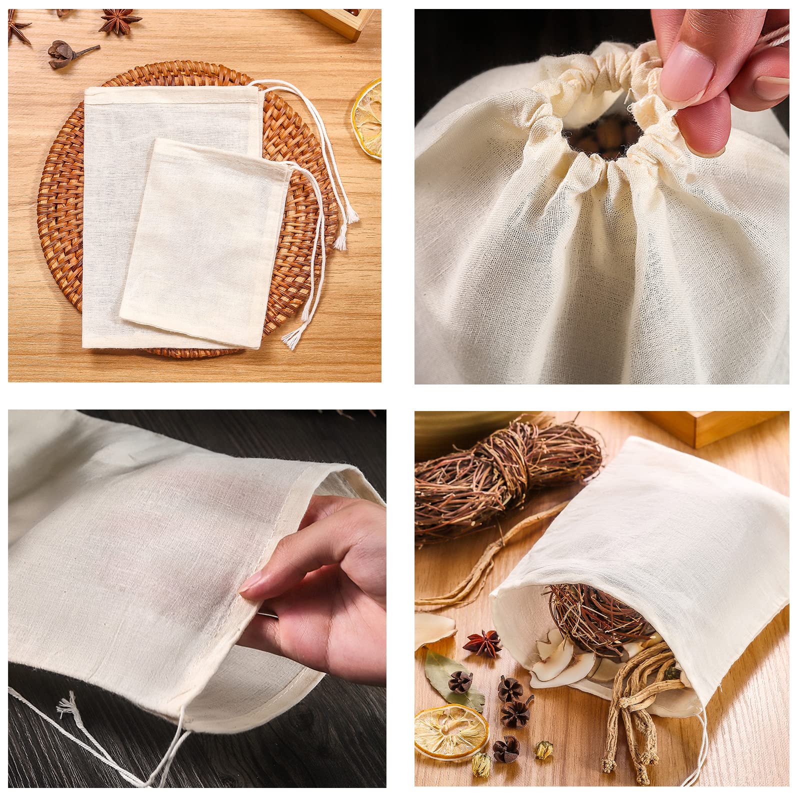 Giyomi 20 Pcs Muslin Drawstring Bags, Natural Unbleached Cotton Straining Herbs Cheesecloth Bags, Coffee Tea Brew Bags, Soup Gra