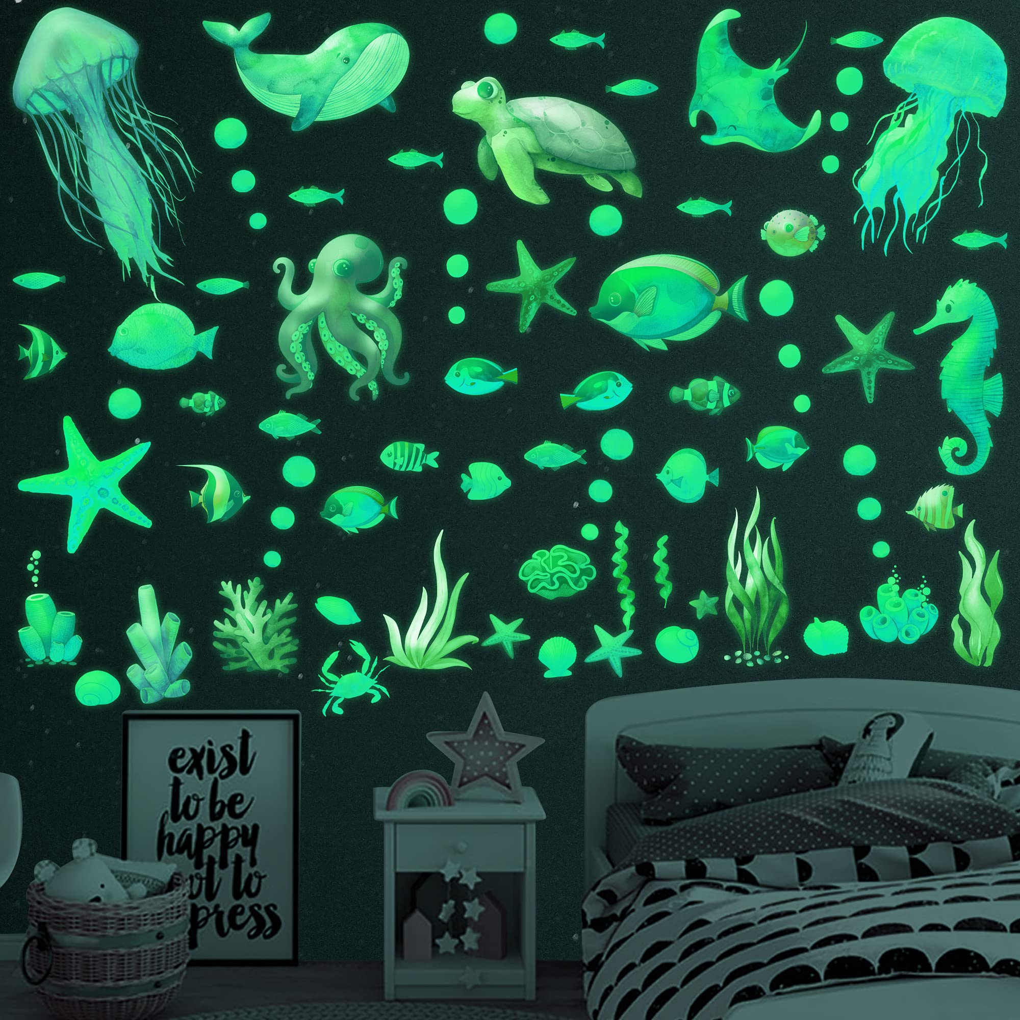 Ocean Fish Wall Decals,Glow In The Dark Under The Sea Wall Decals Vinyl Sea Life Wall Stickers Removable Waterproof Peel And Sti