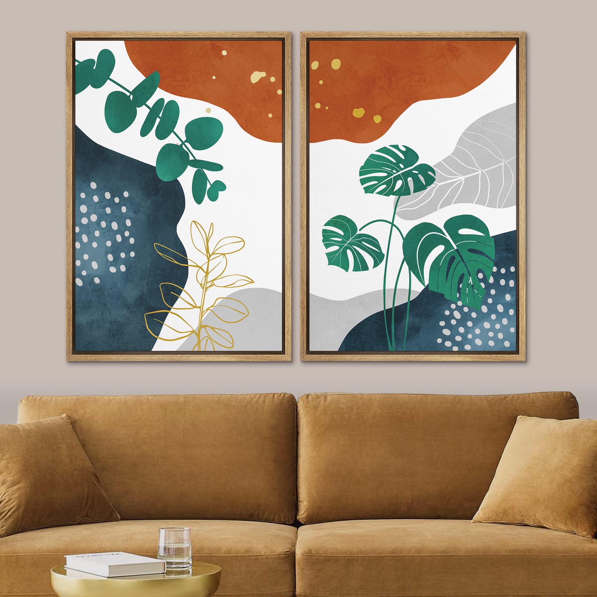Signford Framed Canvas Print Wall Art Set Mid-Century Nordic Geometric Zen Plants Abstract Shapes Illustrations Modern Art Decor