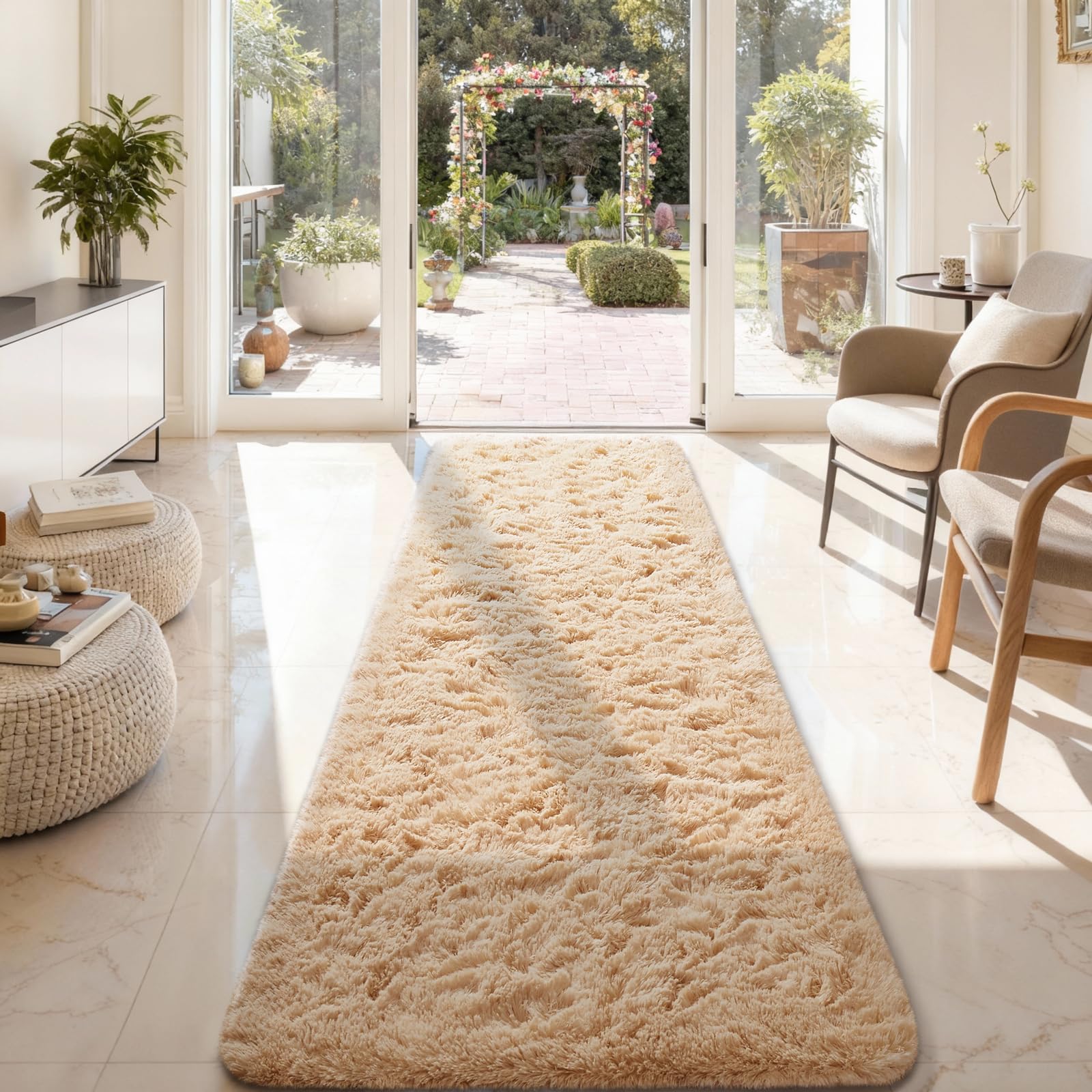 Ophanie 2x8 Runner Rug for Hallway, Upgrade Non-Slip Fluffy Soft Bedside Rugs, Bedroom Living Room Beige Shaggy Carpet for Kids