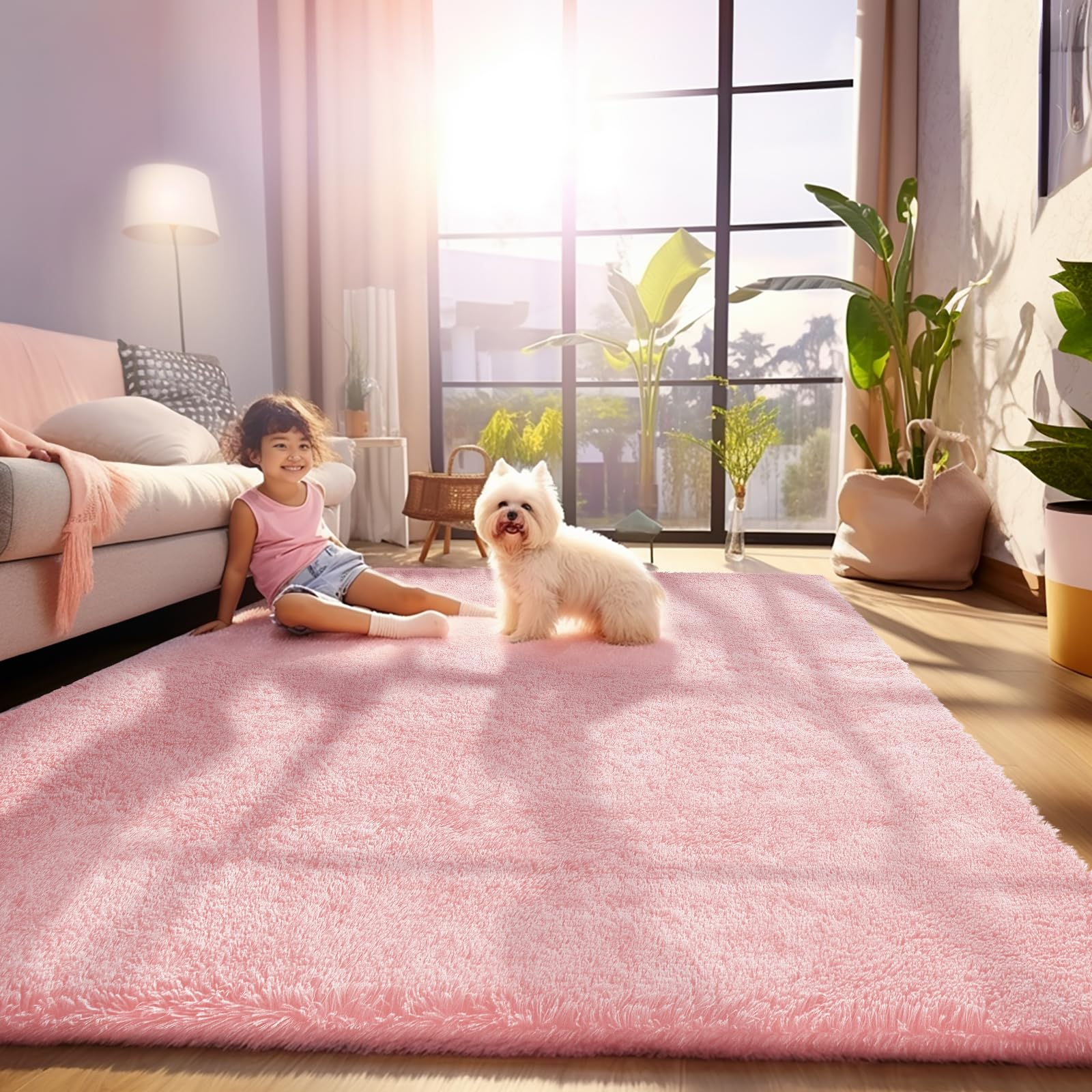 Ophanie Pink Area Rugs for Bedroom Girls, 6x9 Kids Fluffy Fuzzy Furry Shag Carpet, Plush Soft Cute Baby Shaggy Bedside Indoor Fl