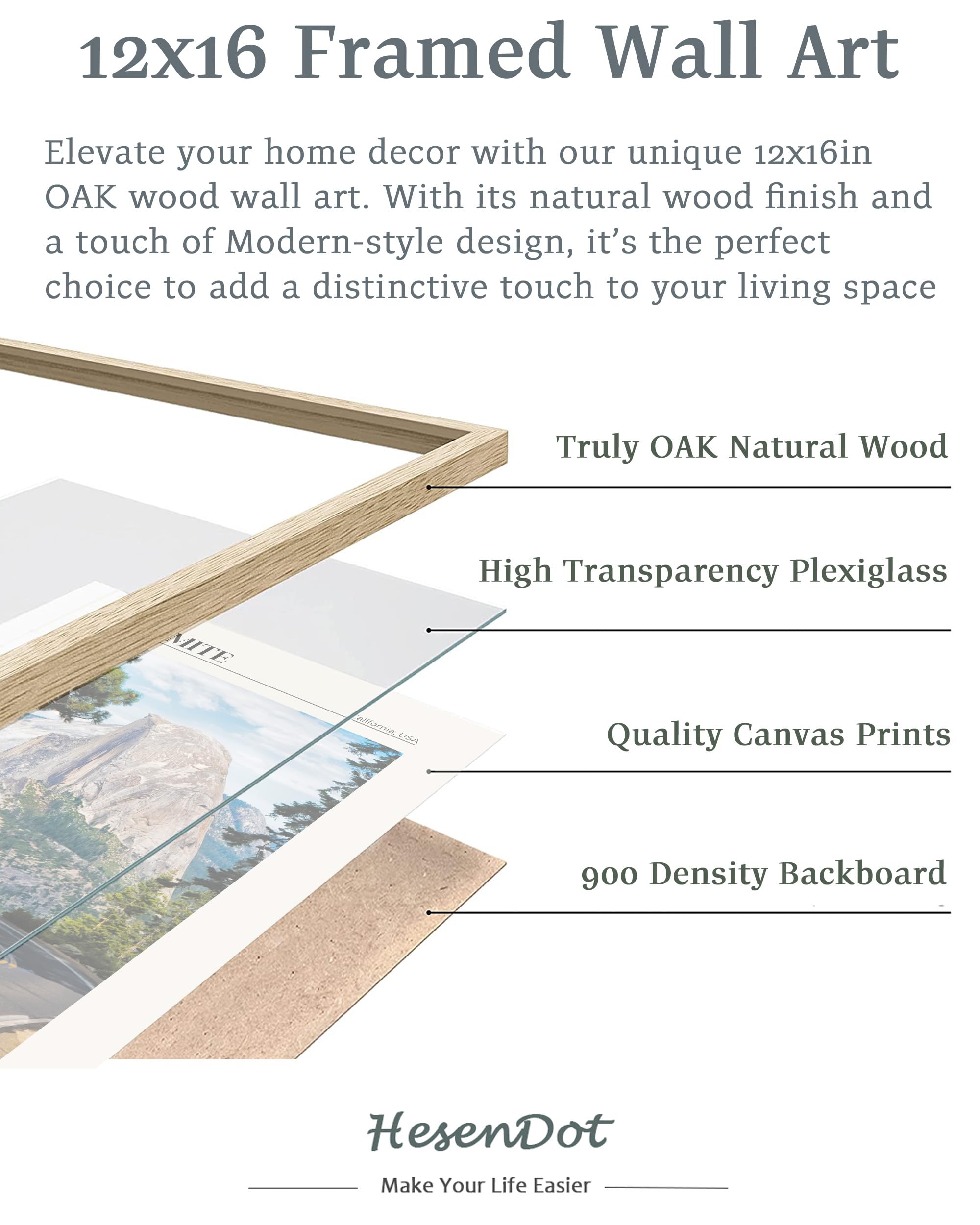 Hesendot Natural Oak Wood Yosemite National Park Framed Wall Art,12X16In Natural Scenery Canvas Wall Print,Classic Urban Landmar
