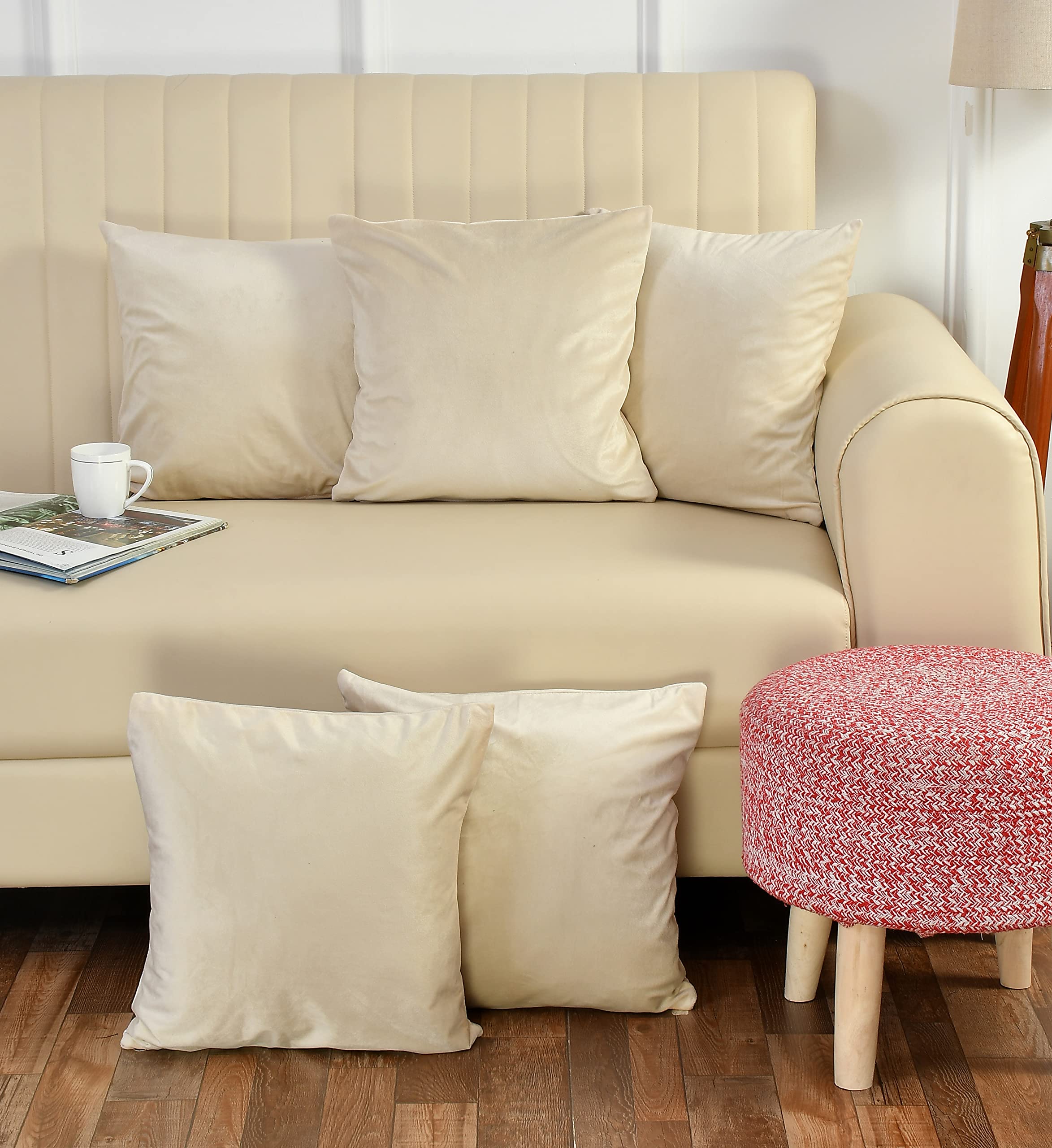 Stuffique Velvet Pillow Solid Plain 250 Tc Cushion Covers Set Of 5 (16 X 16 Inch) Cream