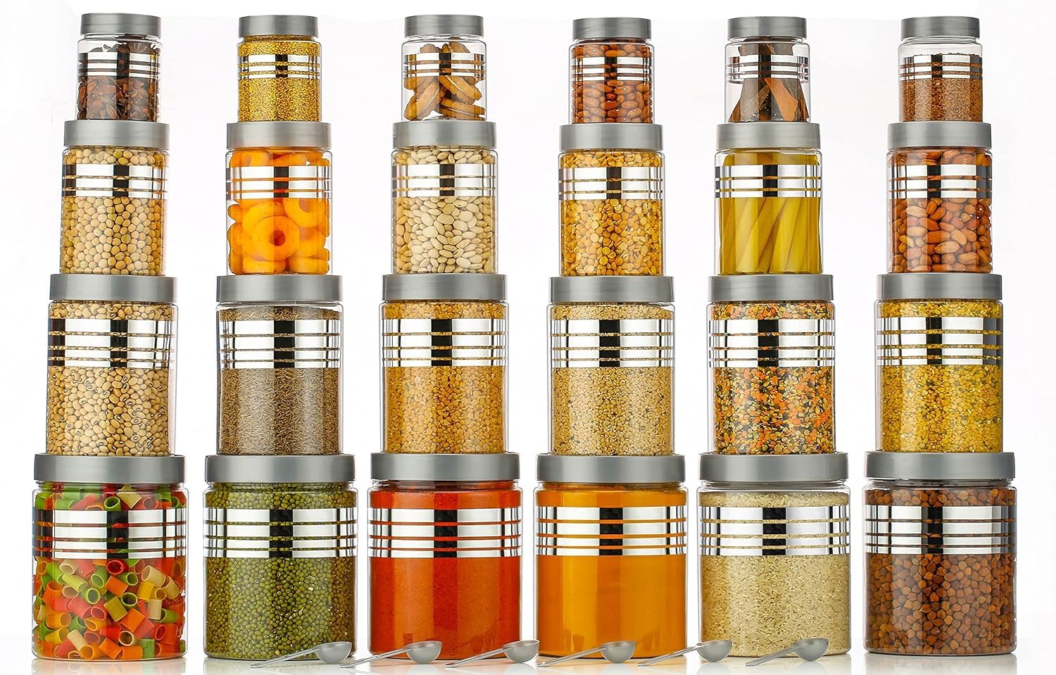 Aquaware Plastic Pet Storage Jar And Container, Set Of 24 With Spoons Air Tight | Kitchen Organiser Improved Model Silver Line P