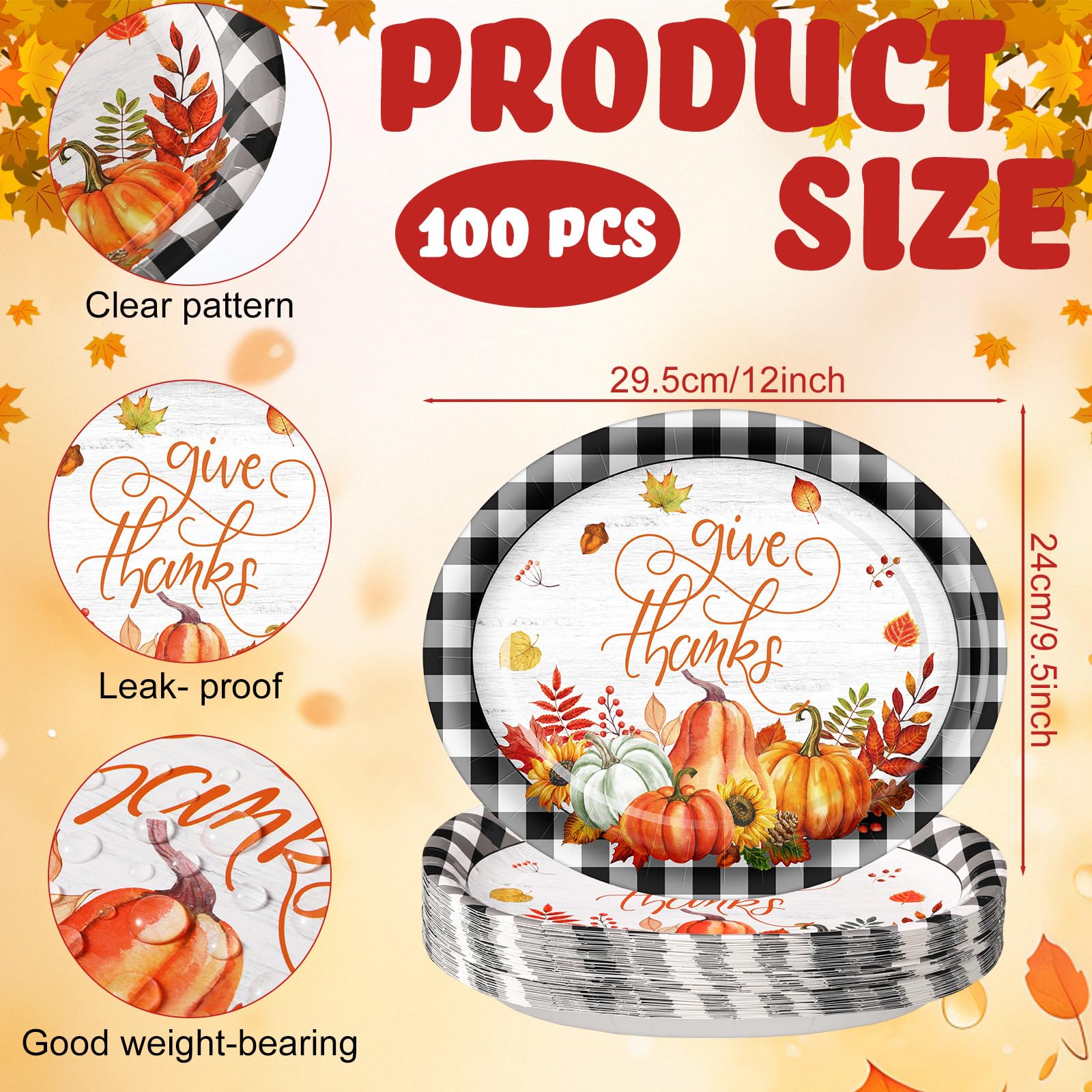Havawish 100 Pcs Fall Thanksgiving Oval Paper Plates Bulk Pumpkin Dinner Plates Disposable 12 x 10 Inch Paper Dishes for Autumn
