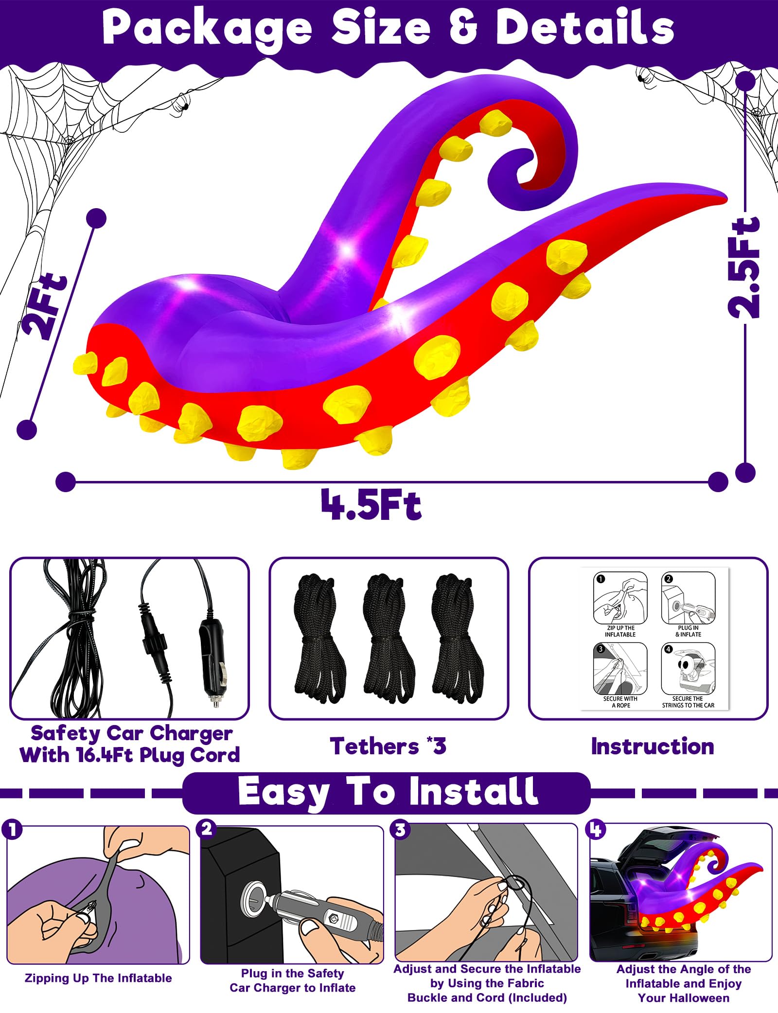 4.5 FT Halloween Inflatable Trunk or Treat Car Decorations Octopus Tentacles Broke Out from Car Window with 3 Built-in LEDs Ligh