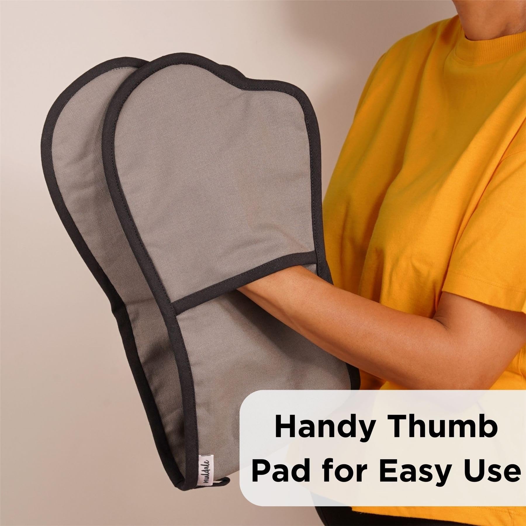 Muldale Professional Grey Double Oven Mitts Attached - Heavy Duty Oven Mitts Connected - Pot Holders Gloves With Terry Towelling