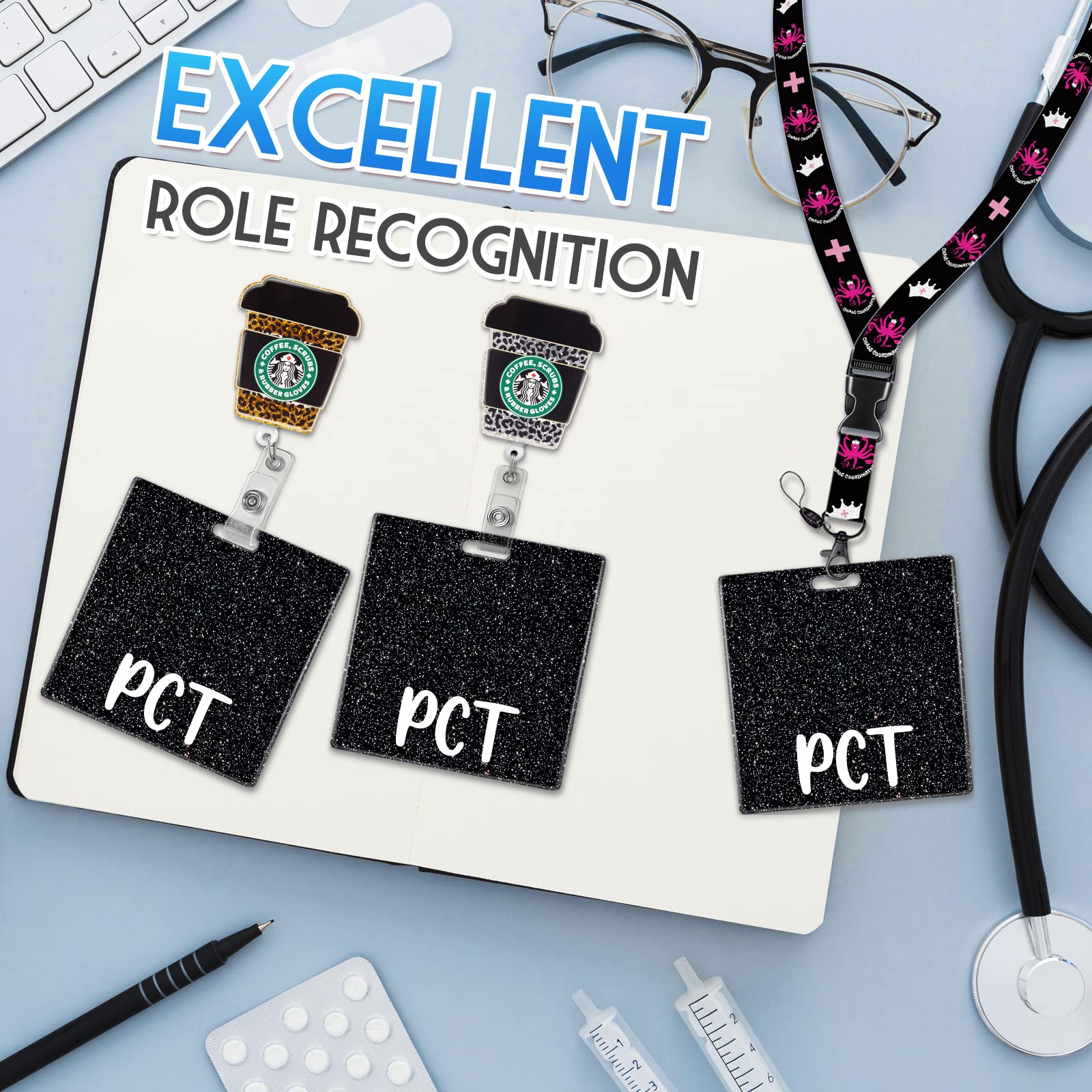 Plifal Pct Badge Buddy Card Holder Nurse Nursing Accessories Patient Care Technician Glitter Black Horizontal Id Name Identifica
