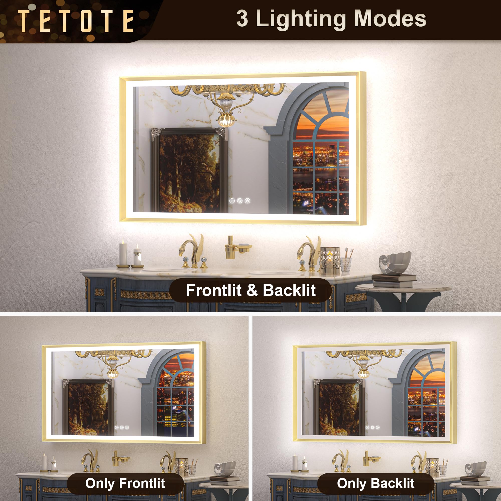 Tetote Gold Led Bathroom Mirror With Lights 24X36 Frontlit & Backlit Vanity Framed Mirror Baroque Anti Fog Stepless Dimmable Whi