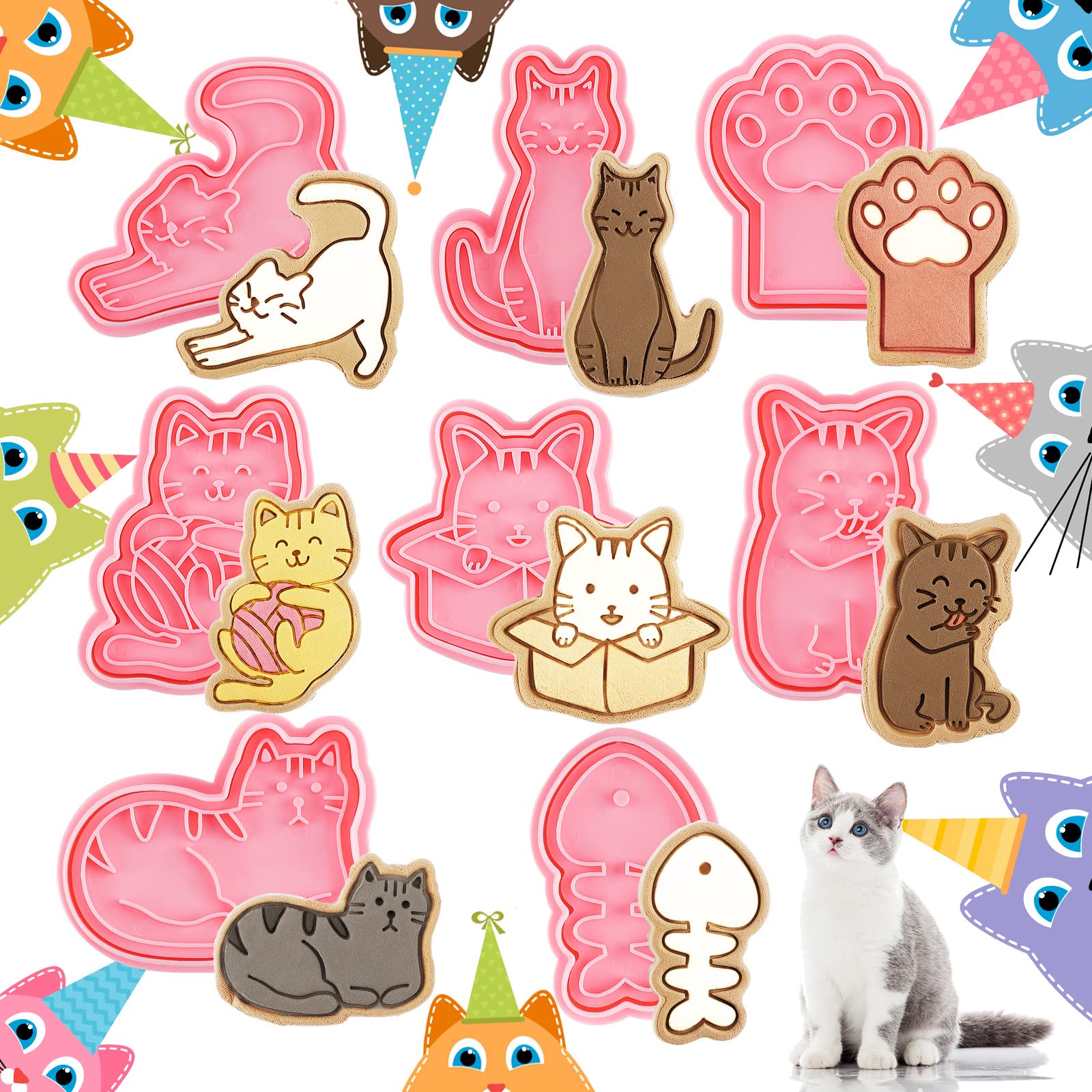 8 Pcs Cat Cookie Cutters With Plunger Stamps Set 3D Cat Paw Shape Biscuit Cutter Funny Cartoon Cookie Stamps Stamped Embossed Ca