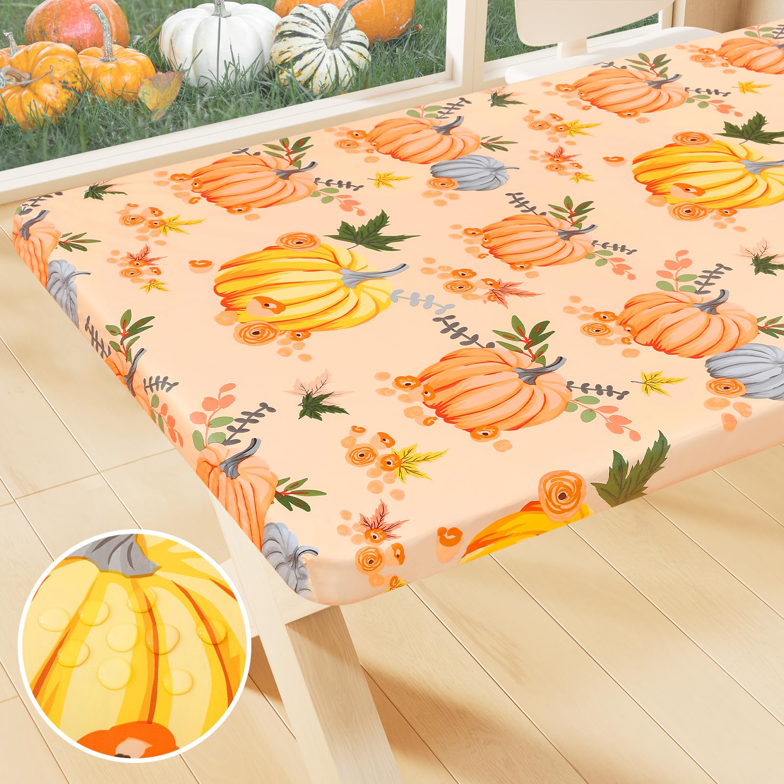 Smiry Plastic Thanksgiving Tablecloth, Pumpkin Wipeable Flannel Backed Vinyl Tablecloths for 4 Foot Tables, Waterproof Elastic F