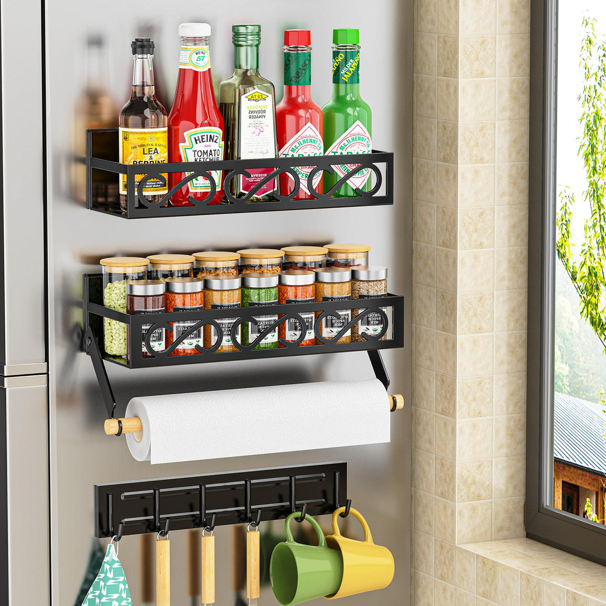 Bunoxea Spice Racks Magnetic For Refrigerator, Magnetic Spice Shelves With Paper Holder, Moveable 6 Hook Rack, Magnetic Fridge O