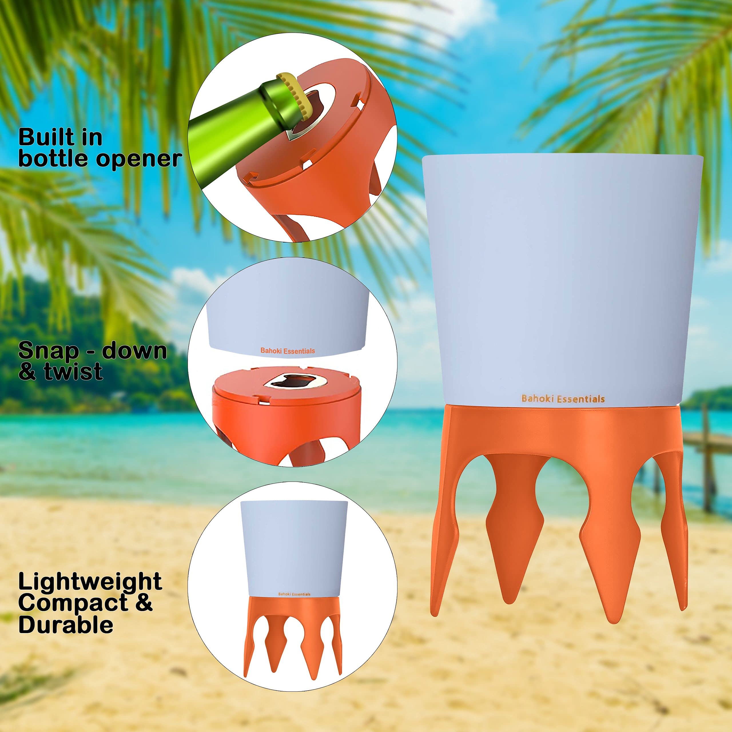 Bahoki Essentials Beach Drink Cup Holder - Sand Coaster For Beverage Bottle And Glass - Perfect To Hold Drinks, Snack, Phone, Ke