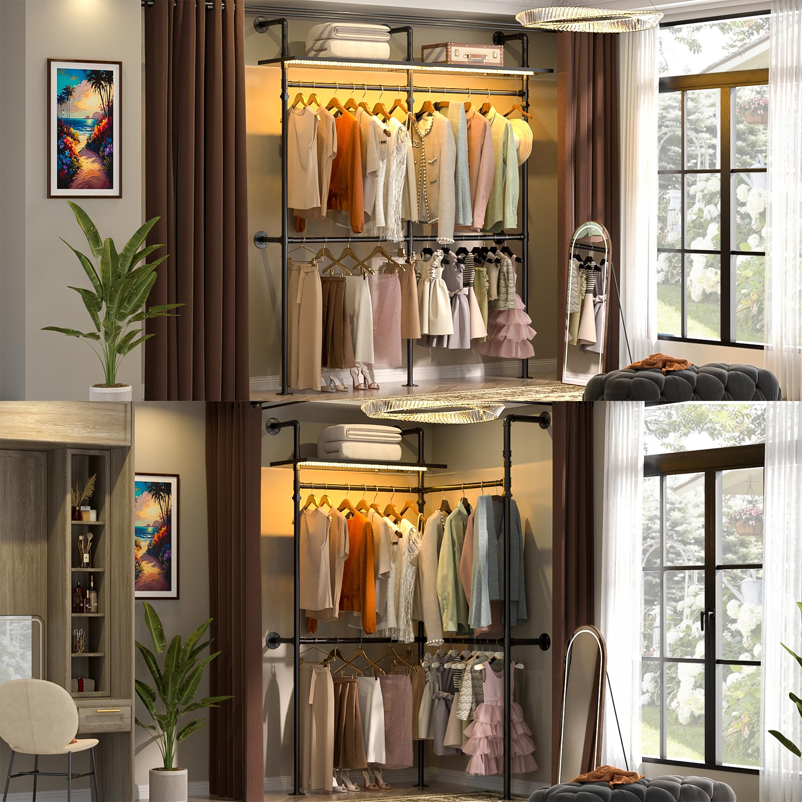 Aheaplus Industrial Pipe Clothing Rack, Reversible 79.7'' Clothes Rack For Hanging Clothes, Heavy Duty Garment Rack Closet Wardr