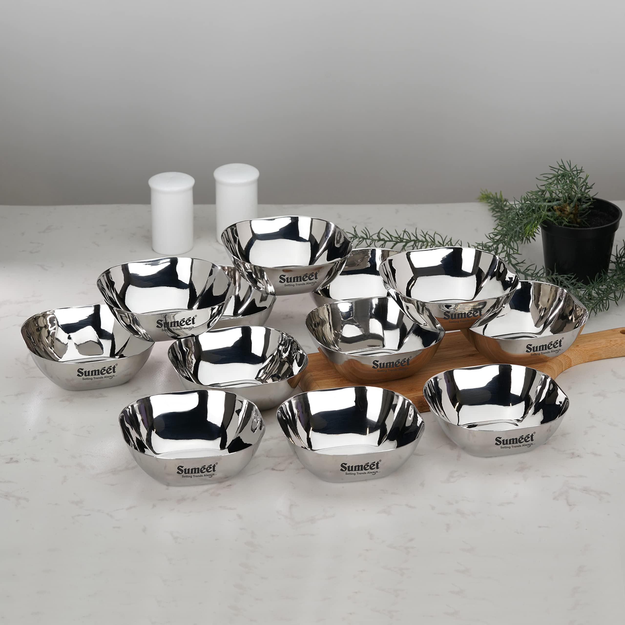 Sumeet Heavy Gauge Stainless Steel Apple Square Bowl Wati Katori with Mirror Finish - 11cm Dia  Set of 12pc  350ML Each - Silver