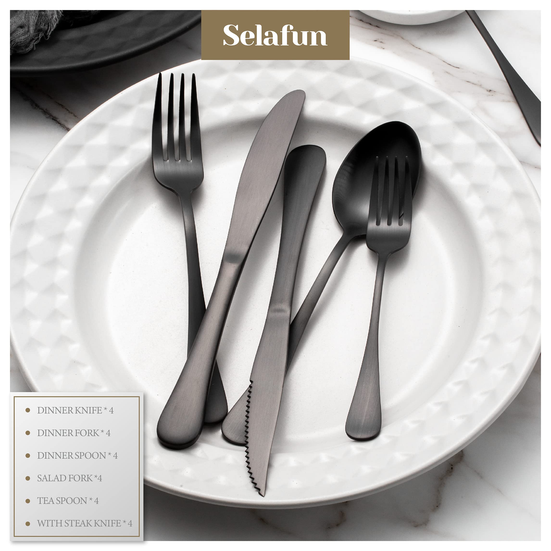 Selafun 24 Piece Matte Black Flatware Set.Stainless Steel Matte Black Silverware Set Titanium Plating Tableware Cutlery Set. Ute