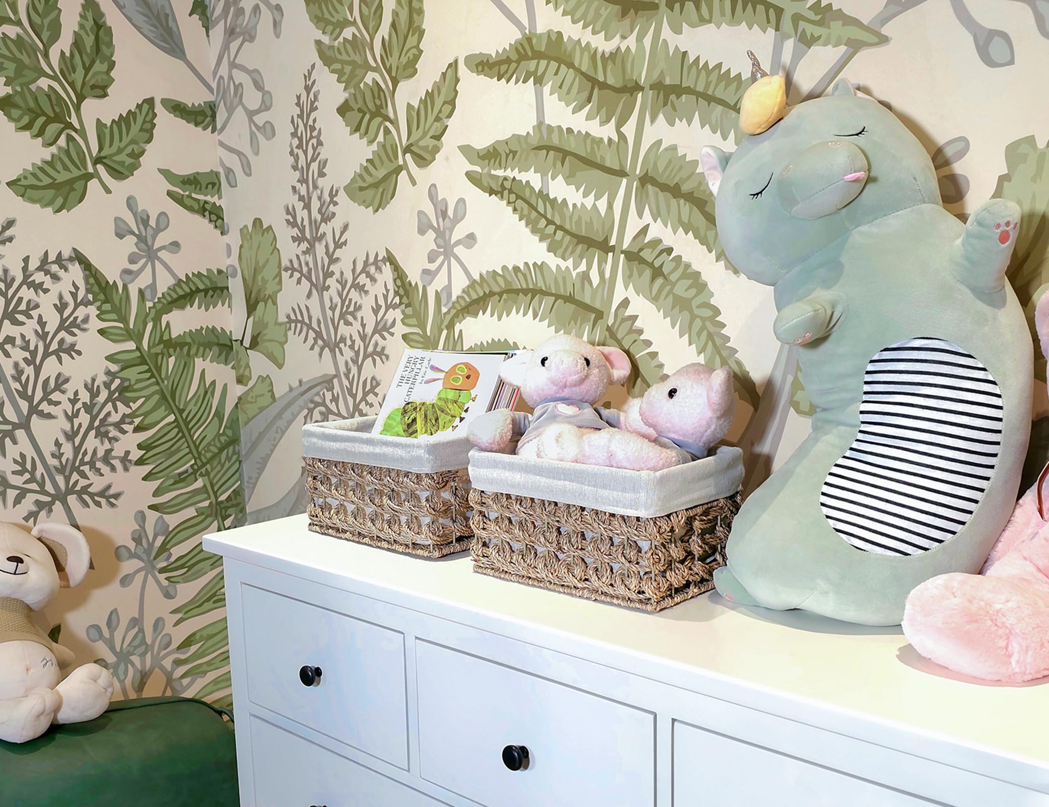 Ellinia Storage Basket With Liner, Wicker Counter Organizing Basket With Built-In Handles, Woven Rectangular Natural Seagrass Bi