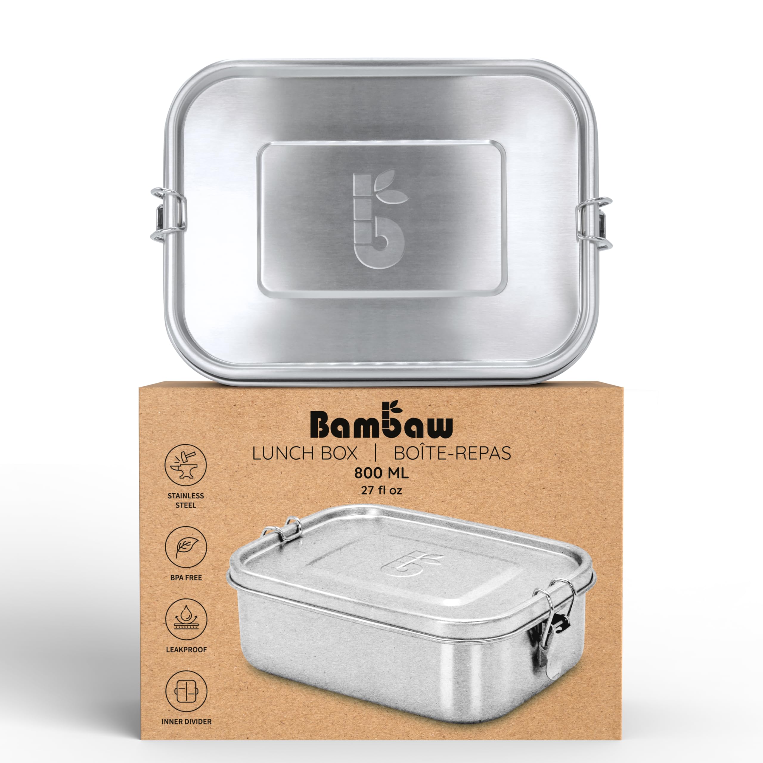Bambaw Stainless Steel Bento Box 800 Ml, Adjustable Compartment Metal Lunch Box, Stainless Steel Leakproof Bento Box, Metal Bent