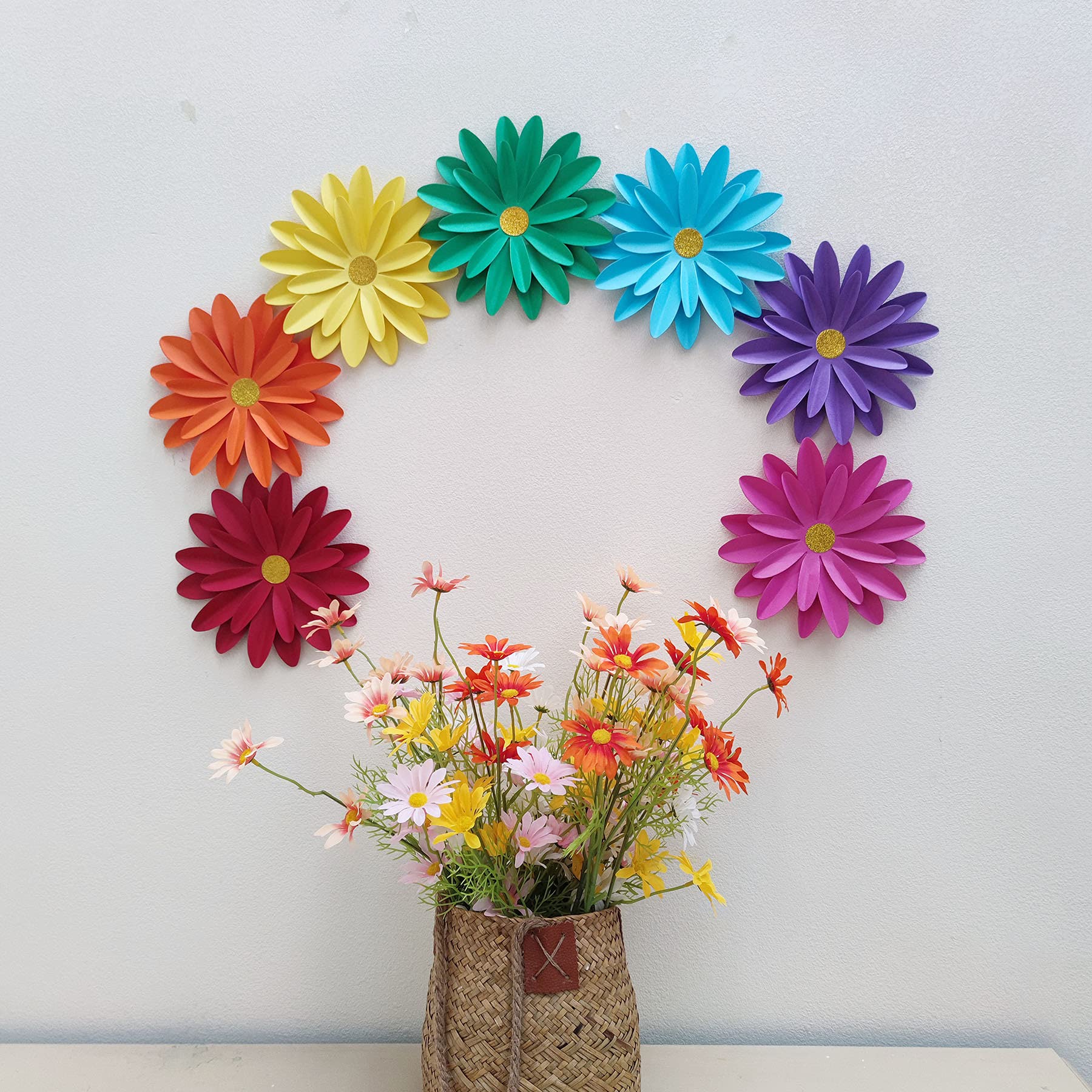 Mybbshower Rainbow Paper Daisy Flower For Tea Party Garden Party Decor Wedding Photo Backdrop Birthday Nursery Wall Sunflowers 8