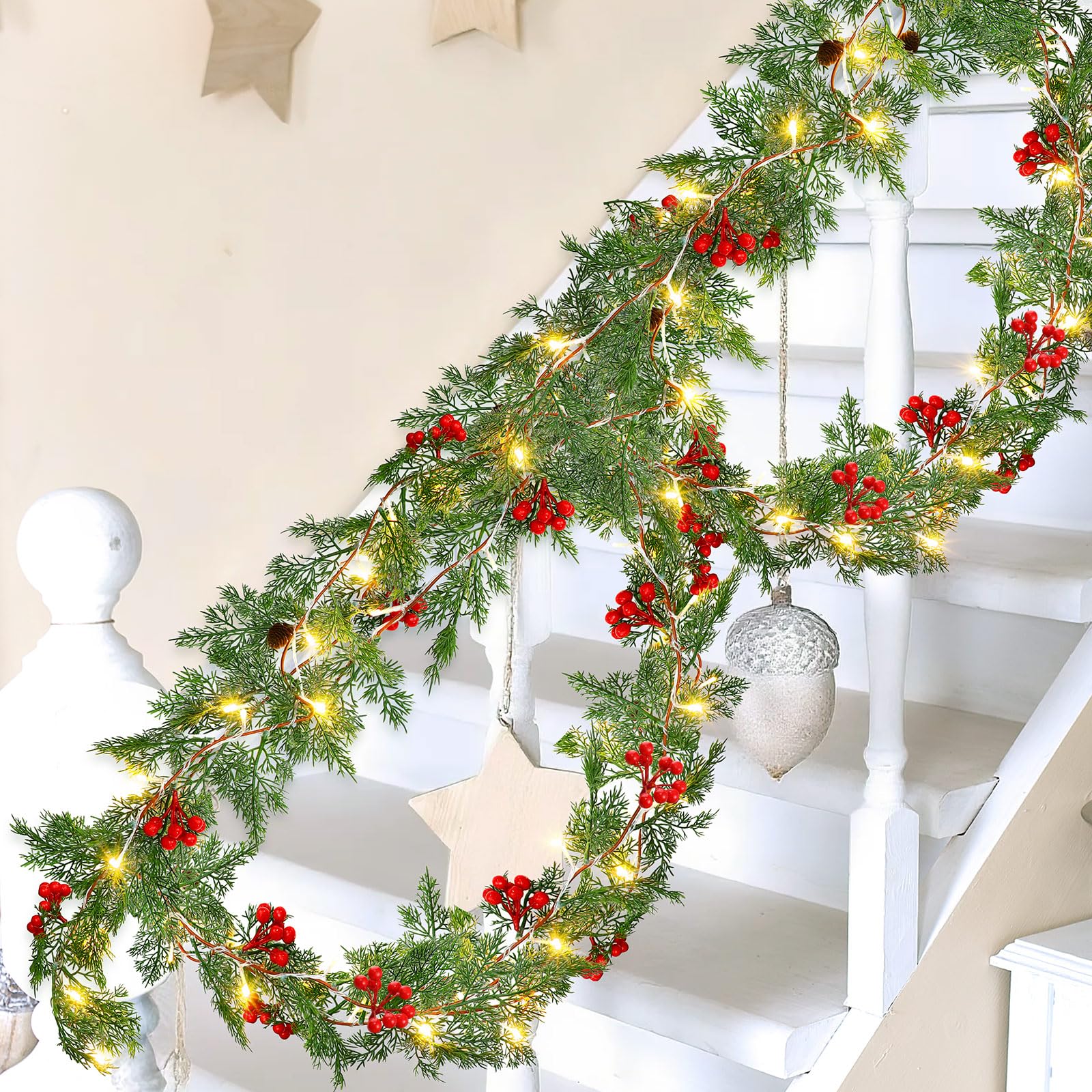 Spiareal 1 Pcs 9 ft Christmas Garland with Light Christmas Lighted Pine Garland Prelit Battery Operated Cedar Pine Cone Red Berr