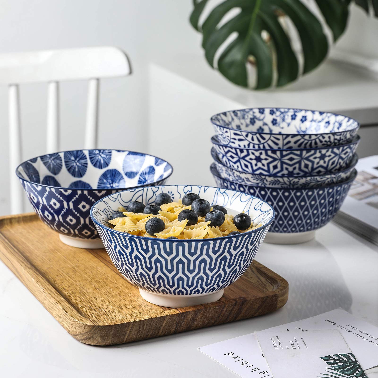 Selamica Blue And White Porcelain 20Oz Cereal Bowl Set - Set Of 6, 6 Inch Soup Bowls, Ceramic Bowls For Cereal, Soup, Salad And