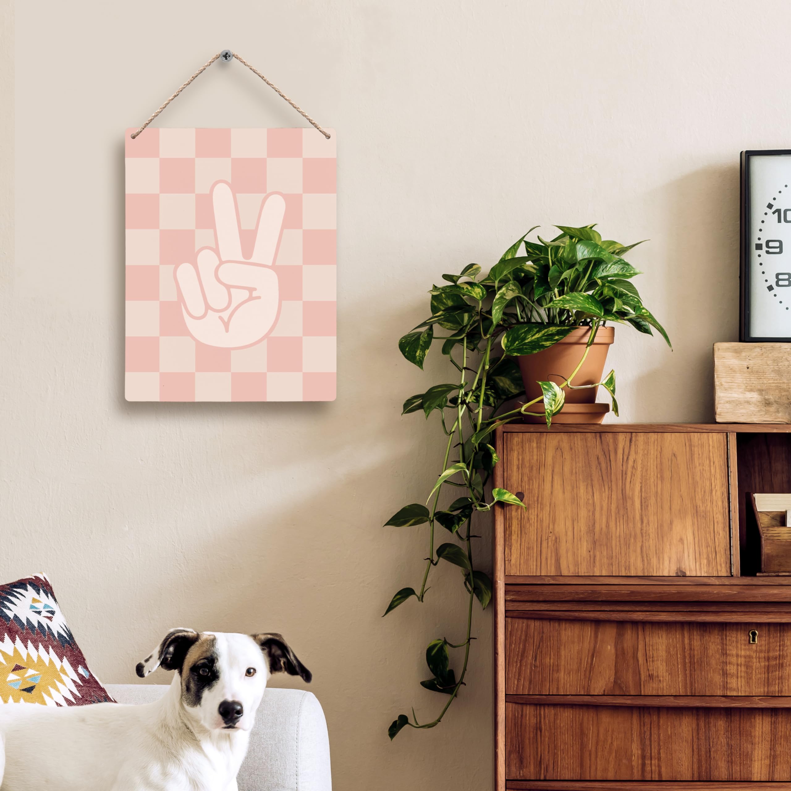 FUGWN Pink Checkered Peace Sign Hanging Wooden Signs 8x10, Pink Preppy Checkerboard Decor for Home Girls Nursery Room Dorm, Prep