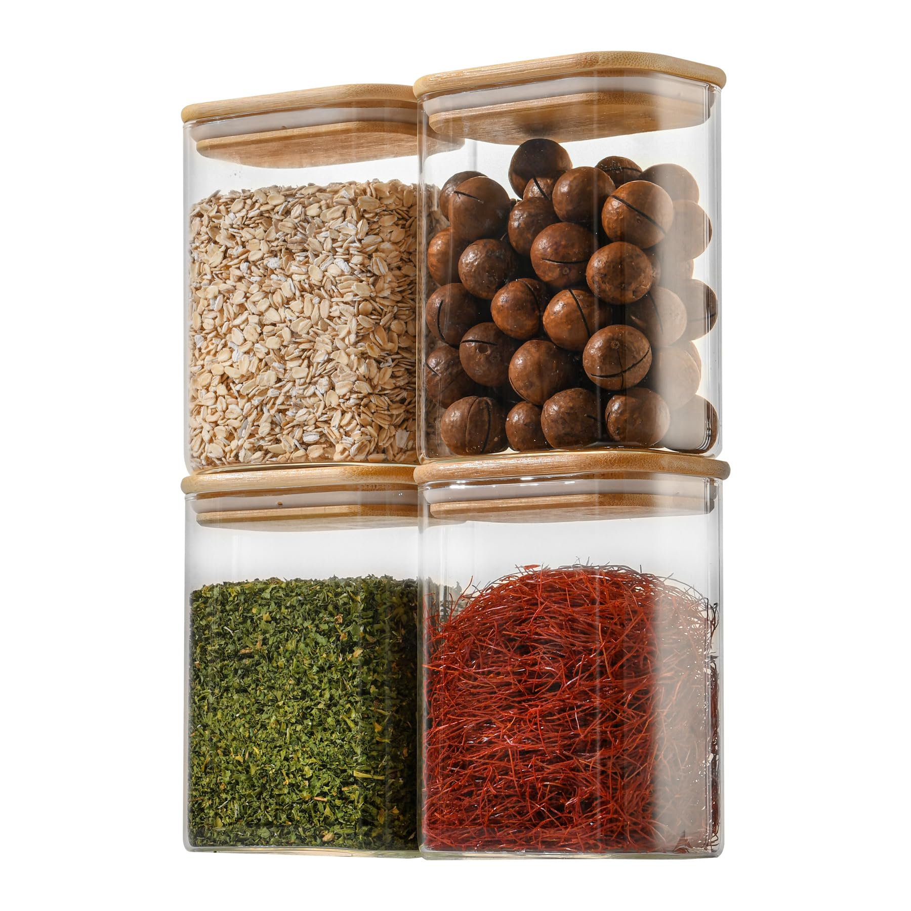 D2scrma 37oz Rectangle Airtight Glass Storage Containers with Bamboo Lids (Set of 4), Square Food Storage Jar, Pantry Organizers