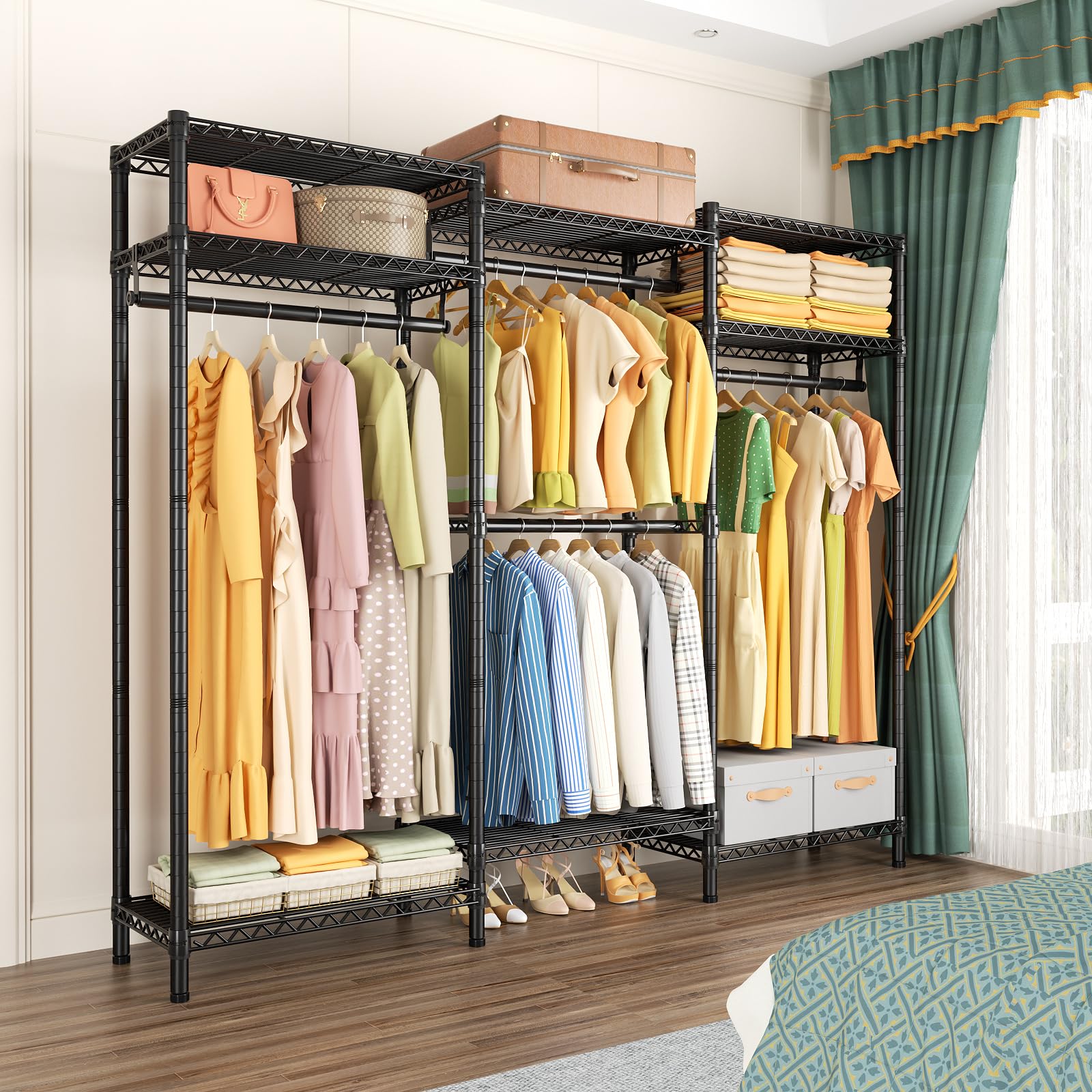 Heavy Duty Garment Rack Large Clothes Rack,Freestanding Closet Portable Clothing Rack With 8 Adjustable Wire Shelves And 4 Hang