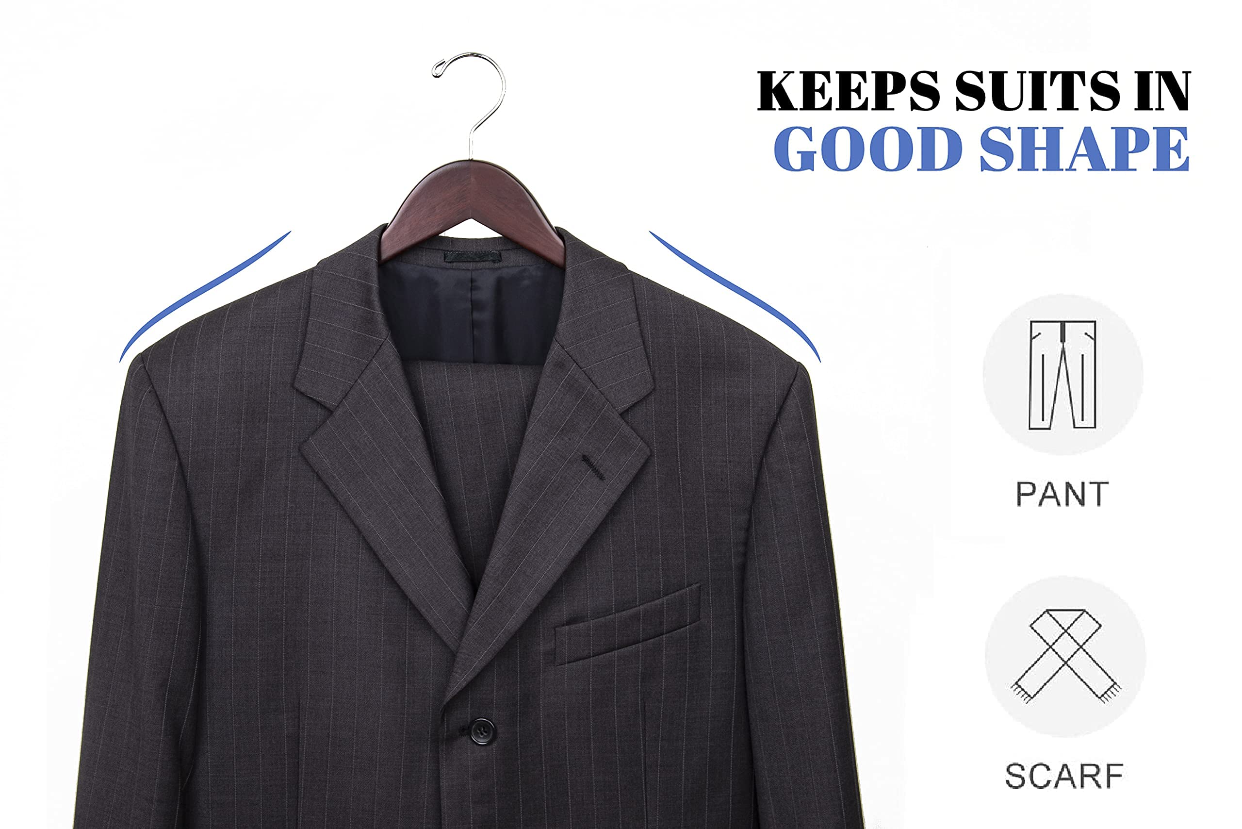 Amber Home Solid Wood Suit Coat Hangers 20 Pack  Smooth Walnut Finish Wooden Dress Hangers with Non Slip Pant Bar  Clothes Hangers with 360 Swivel Hook & Notches for Jacket  Pant  Shirt (Walnut  20)