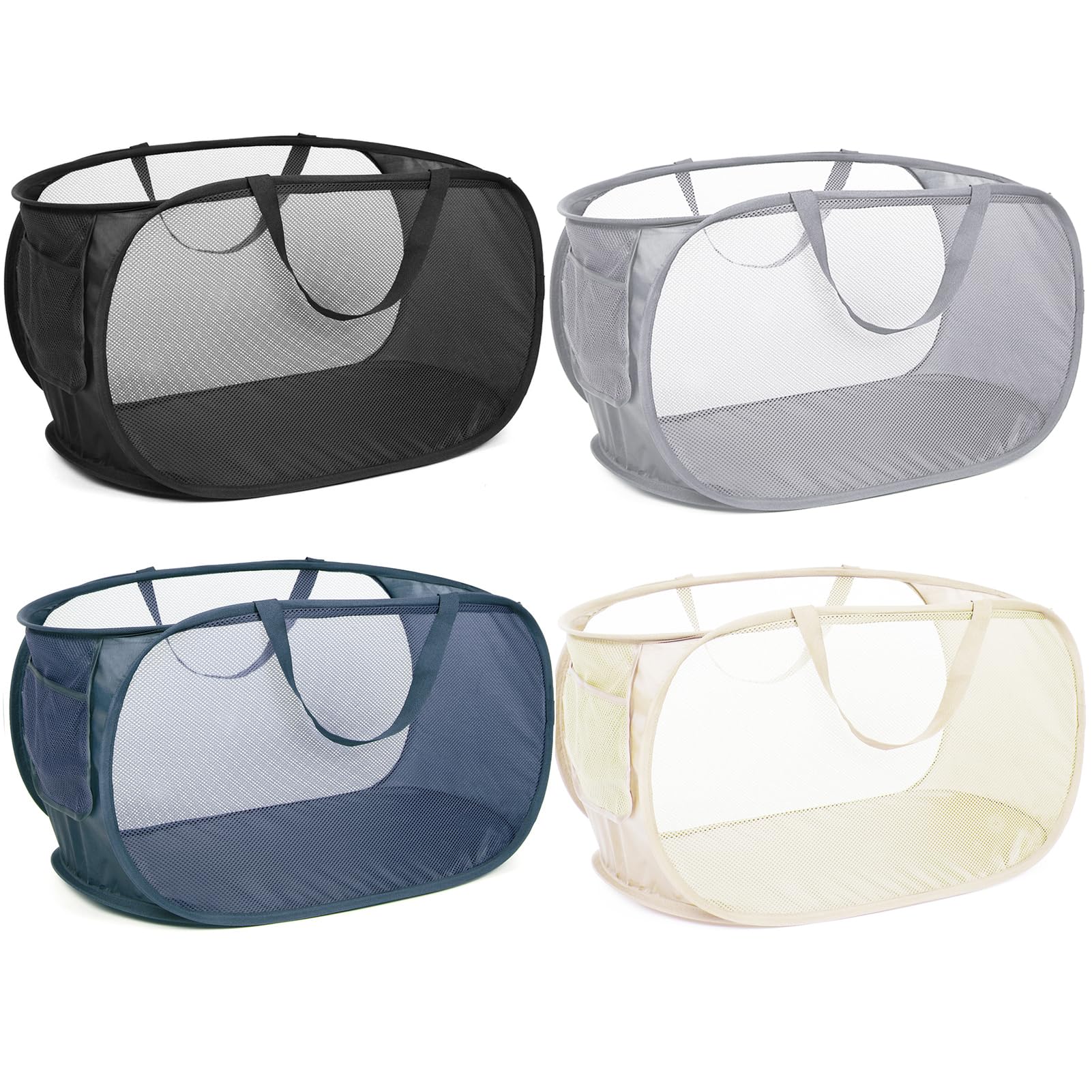 4 Pcs Durable Collapsible Laundry Baskets, Foldable Laundry Basket Large Opening, Pop Up Laundry Hamper With Pocket, Clothes Ham