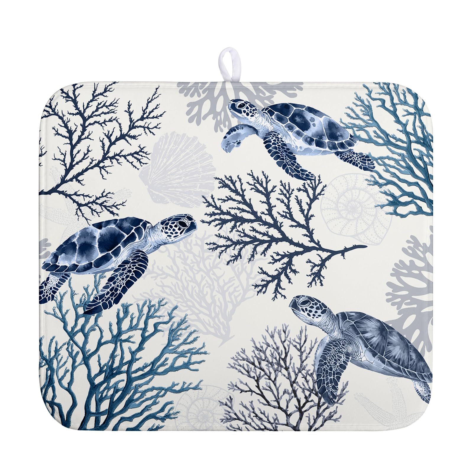 Nautical Coastal Dish Drying Mat Summer Beach Dish Pad for Kitchen Counter Ocean Coral Sea Turtle Absorbent Microfiber Dish Drai