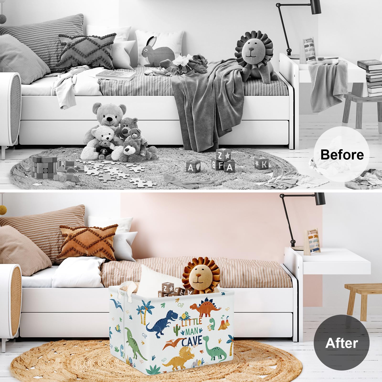 Clastyle 36L Large Boho Dinosaur Pterosaur Shelf Basket With Handle Collapsible Rectangle Dino Palm Tree Toy Clothes Storage Bas